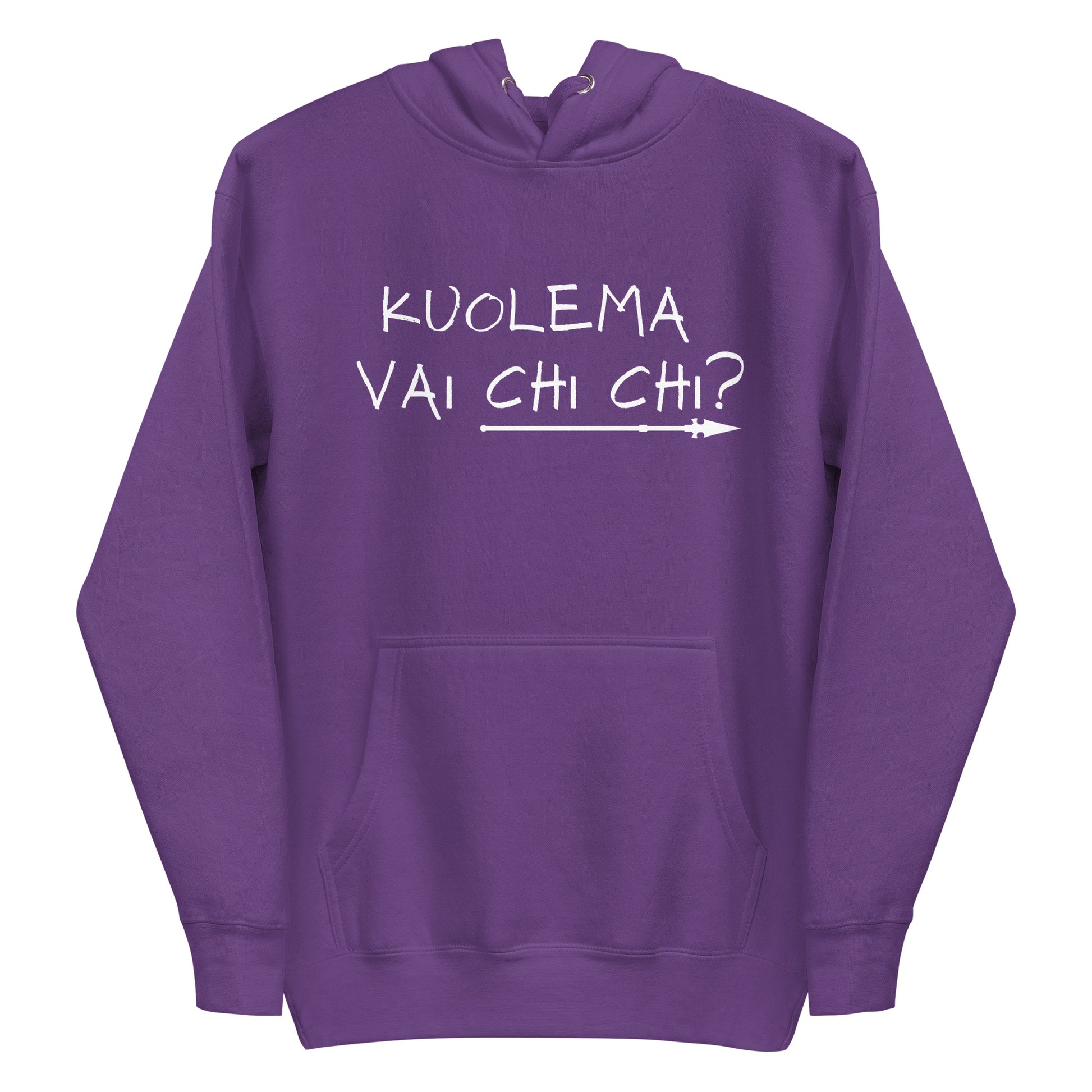 Violetti meemi huppari, jossa on teksti Kuolema vai chi chi? edessä