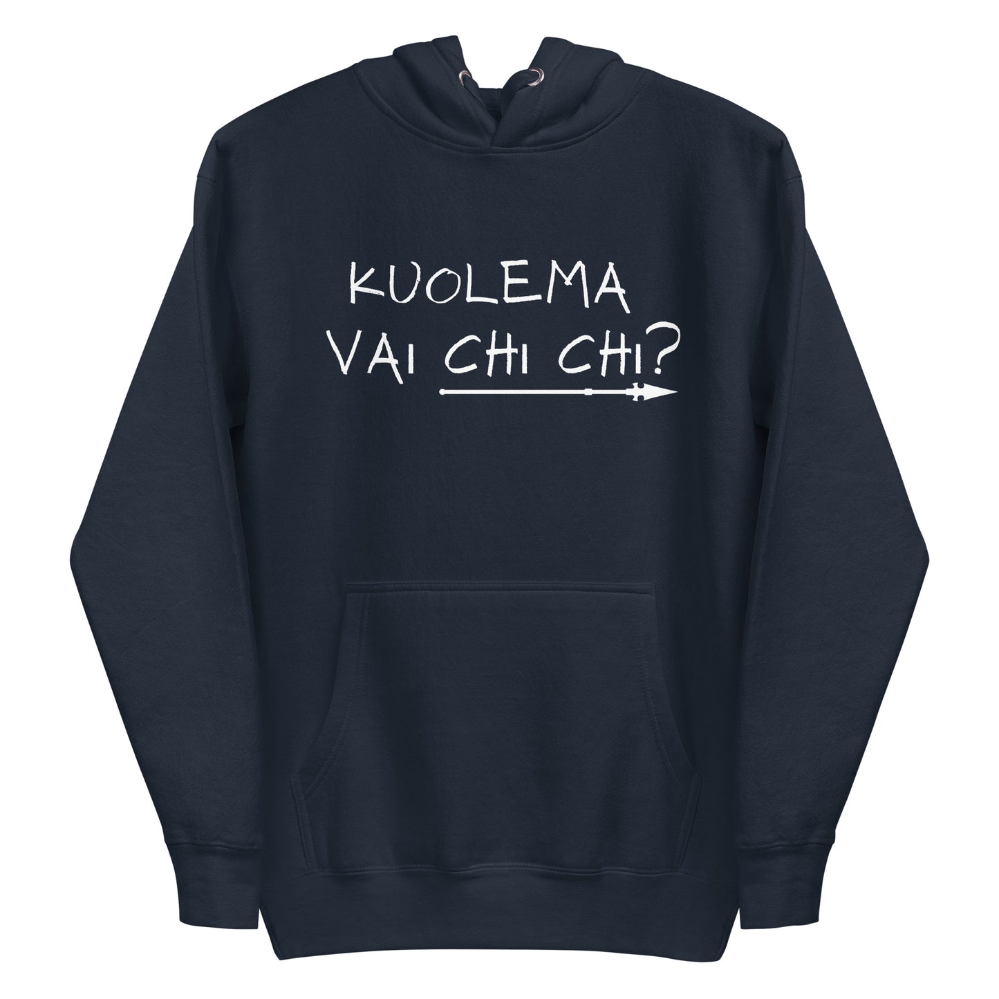 Meemi huppari tummansinisellä taustalla, jossa teksti Kuolema vai chi chi?