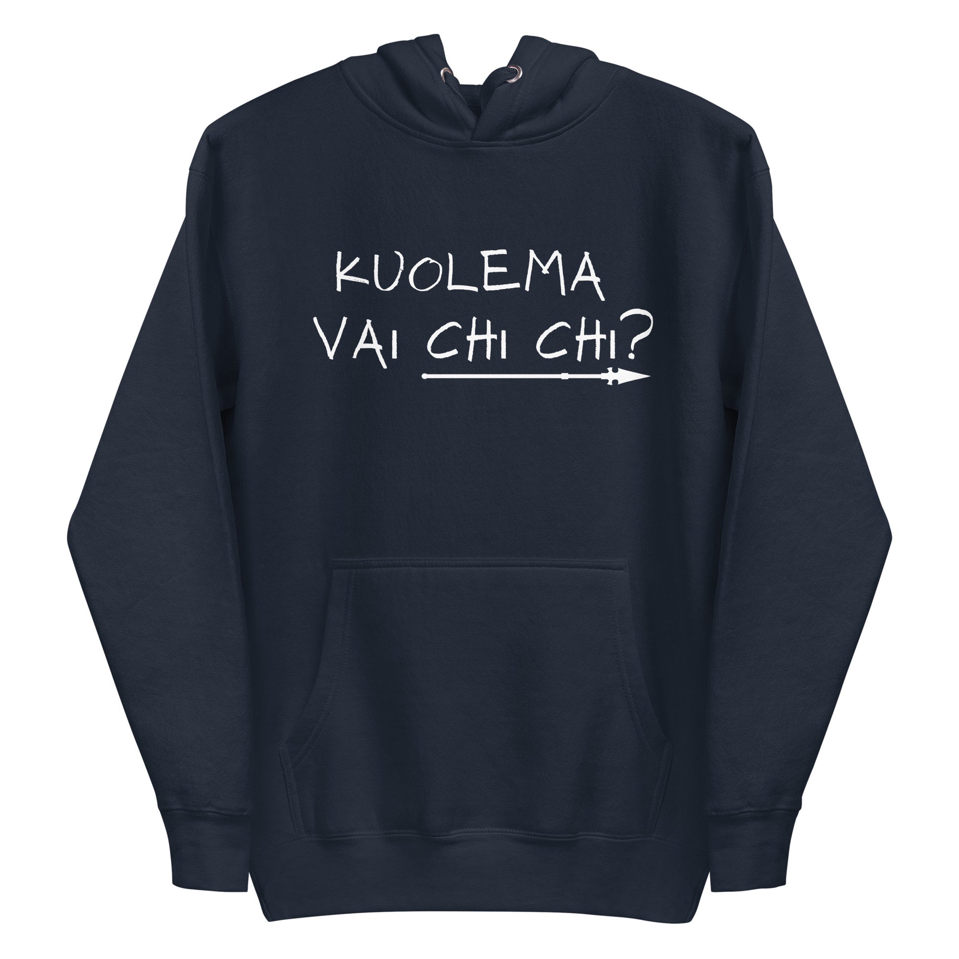 Meemi huppari tummansinisellä taustalla, jossa teksti Kuolema vai chi chi?