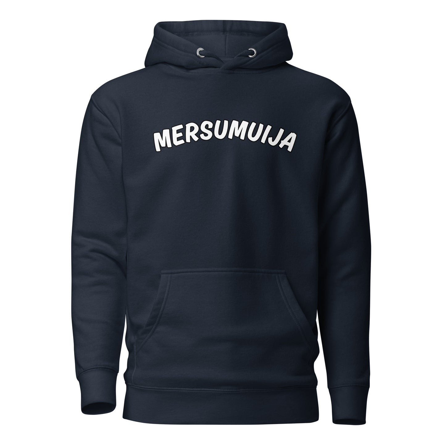 Mersumuija huppari tummansinisellä pohjalla, jossa valkoinen logo edessä