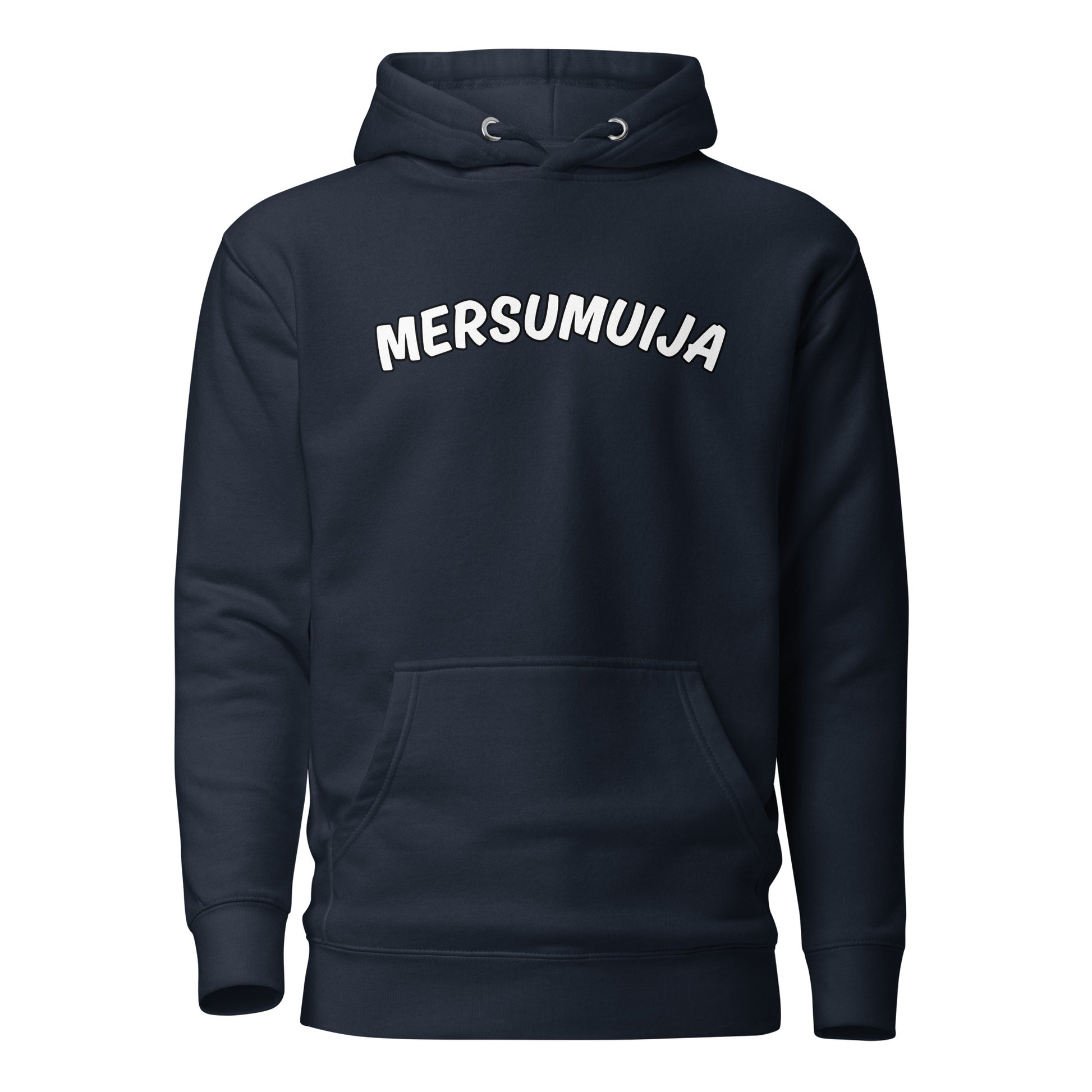 Mersumuija huppari tummansinisellä pohjalla, jossa valkoinen logo edessä