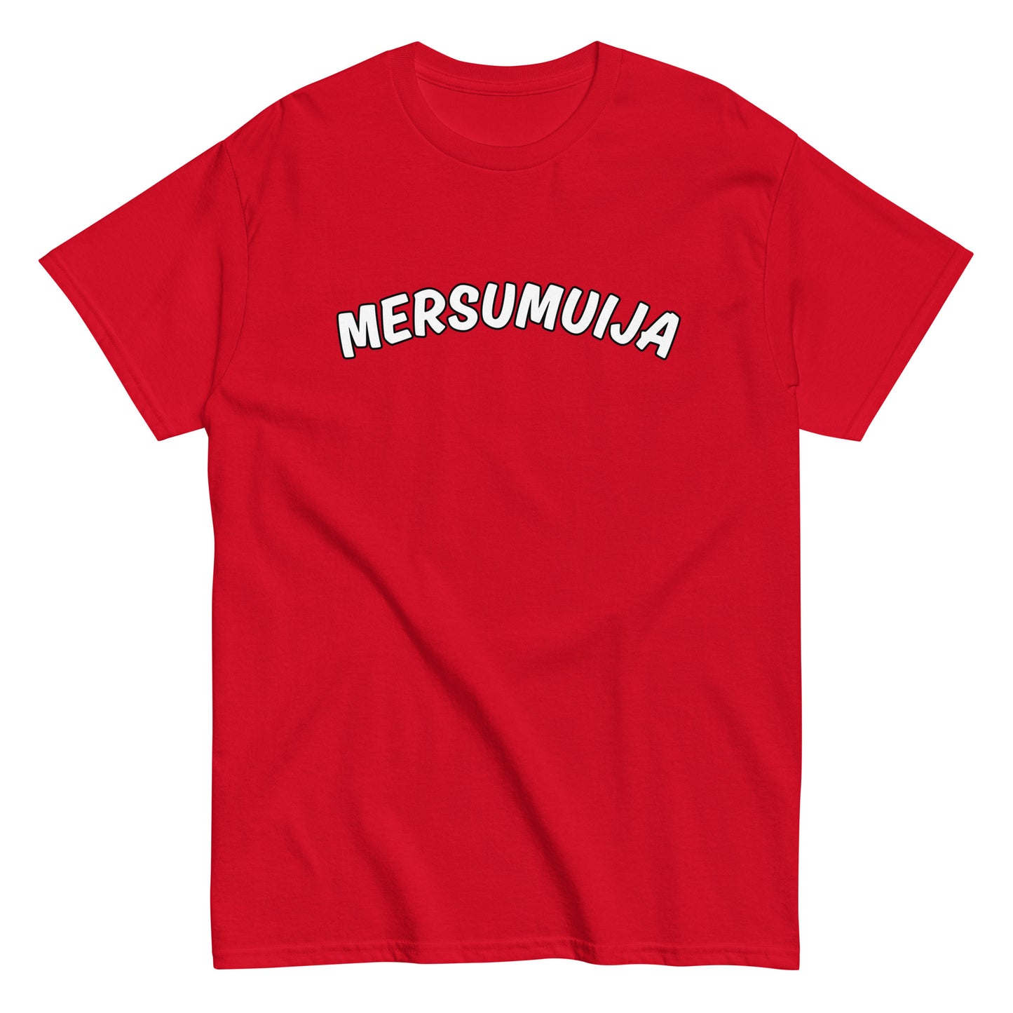 Punainen mersumuija t-paita, jossa valkoiset kirjainprintit edessä