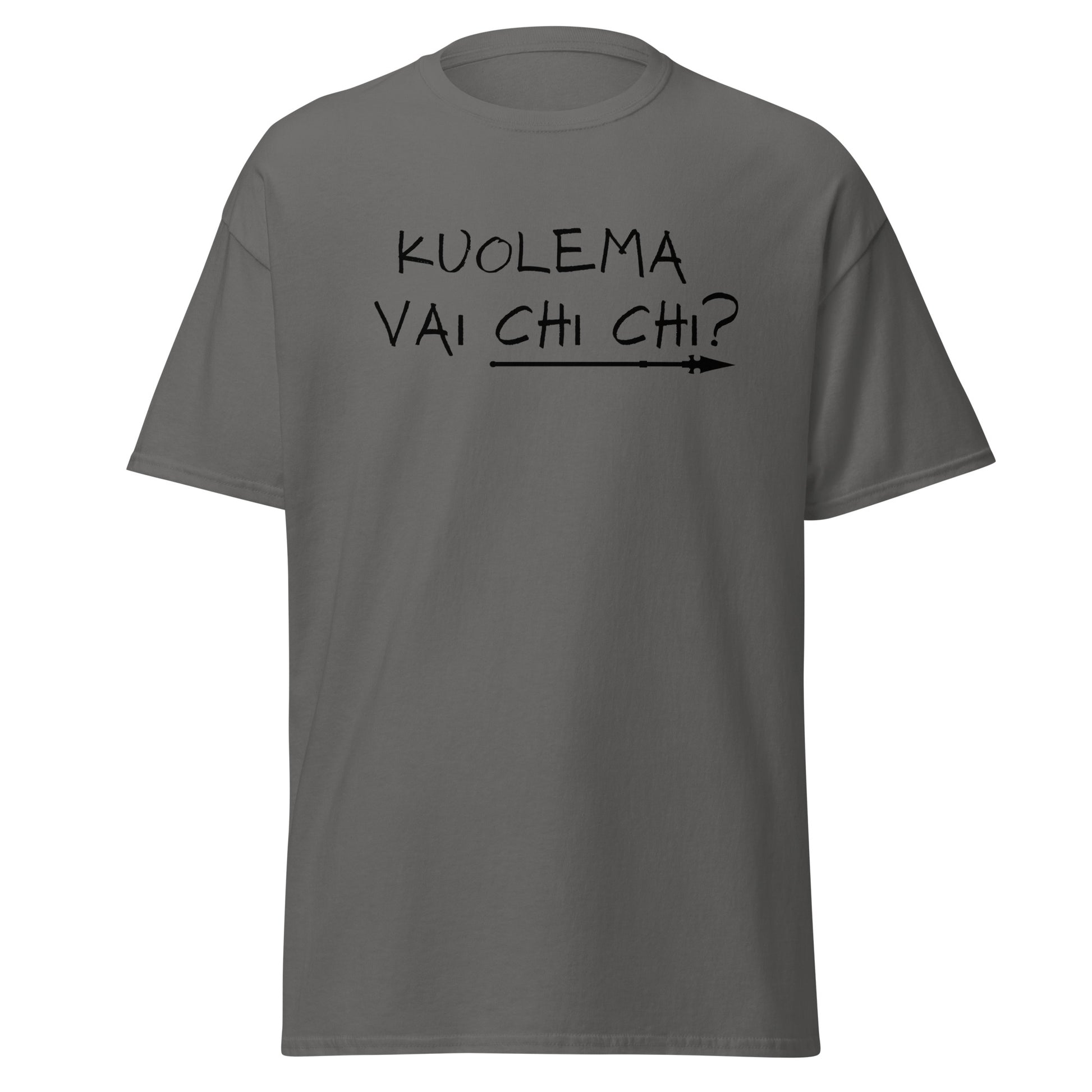 Meemirotta miesten paita harmaalla pohjalla, jossa teksti Kuolema vai chi chi?
