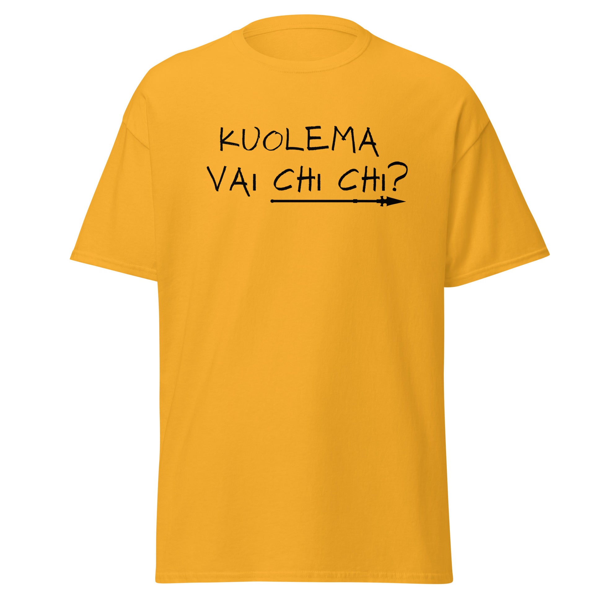 Meemirotta miesten paita, keltainen t-paita, jossa printti 'KUOLEMA VAI CHI CHI?'