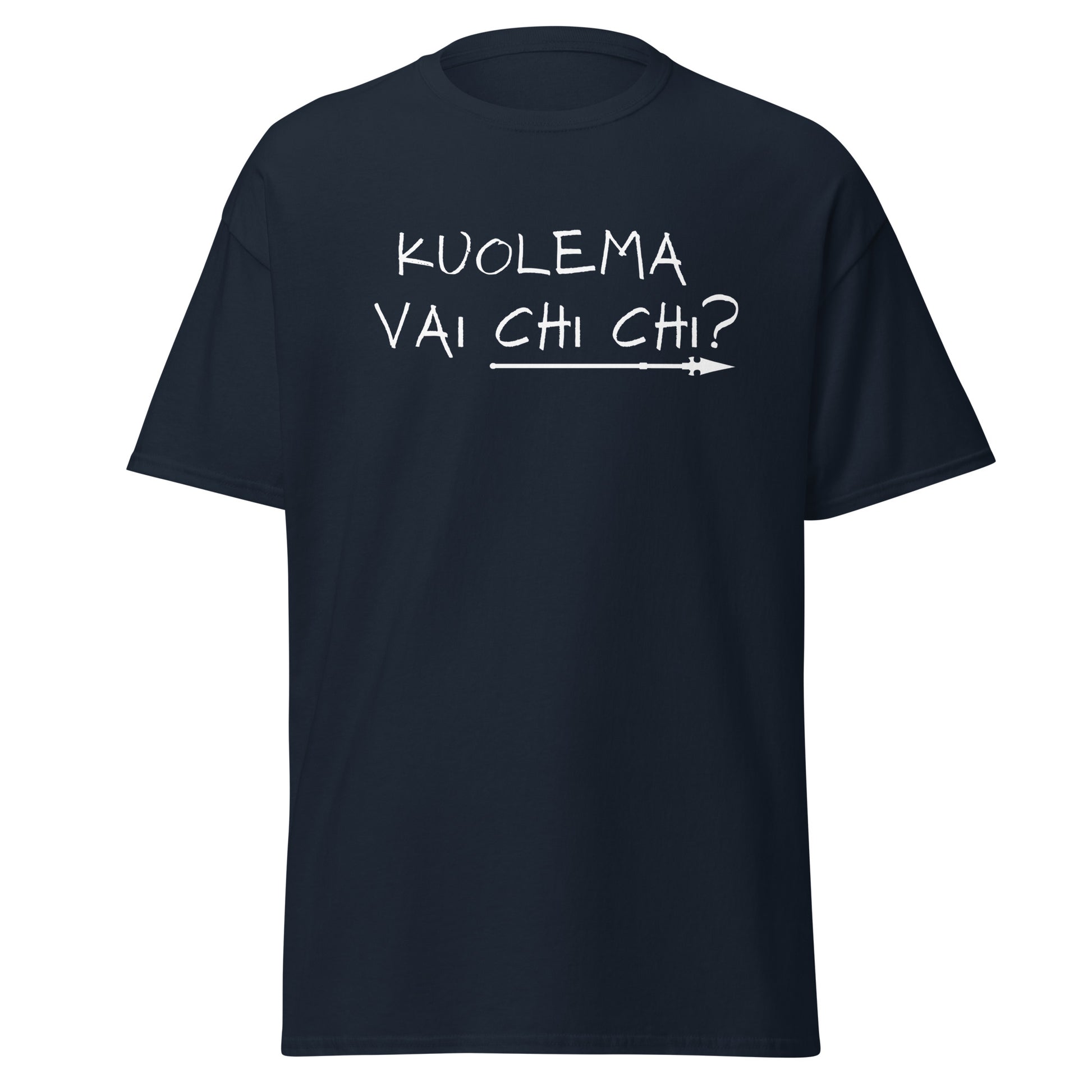 Miesten paita Meemirotta, tummansininen t-paita, jossa on hymyilevä teksti 'kuolema vai chi chi?'