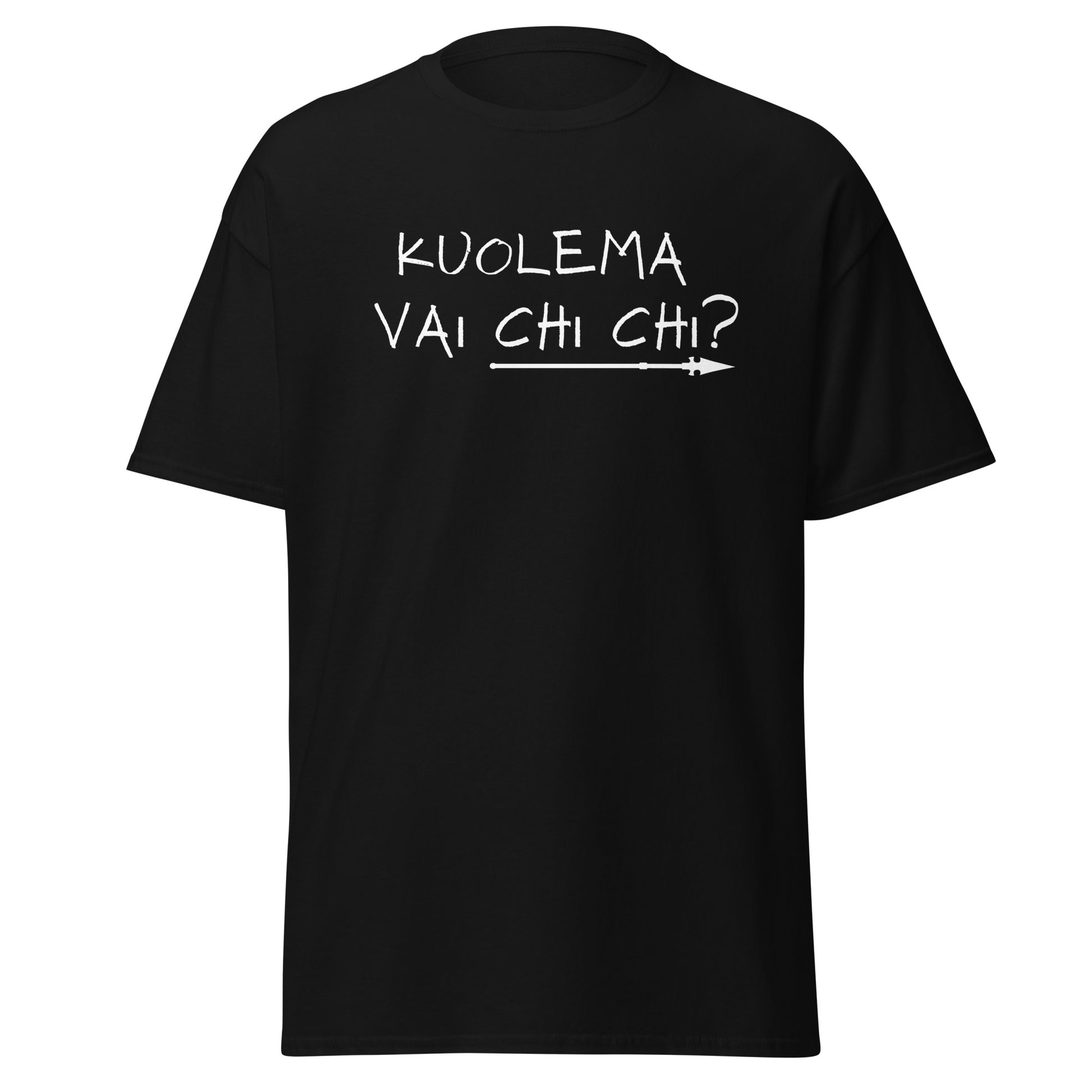 Miesten paita musta T-paita, jossa valkoinen teksti 'KUOLEMA VAI CHI CHI?'