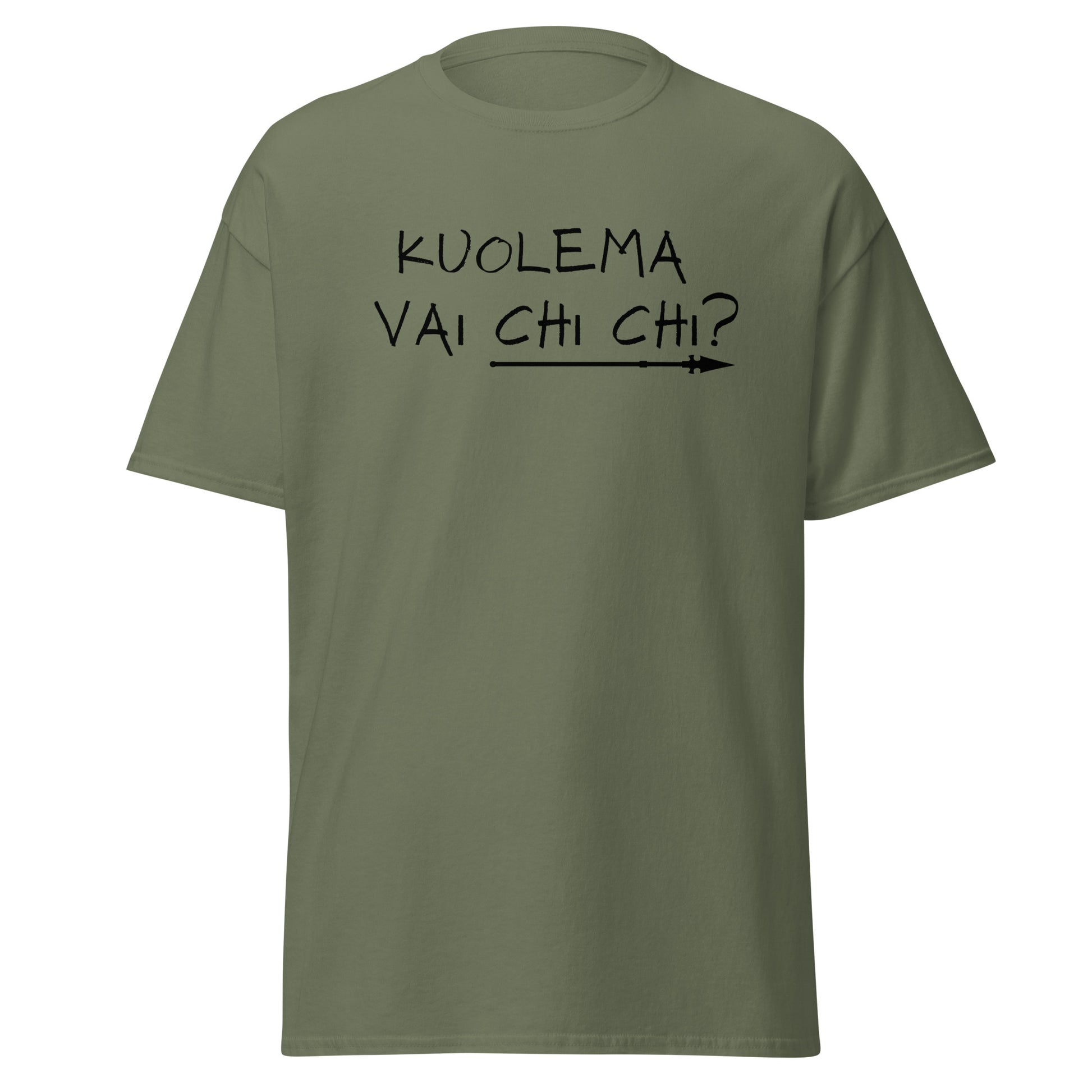 Meemirotta miesten paita vaaleanvihreällä värillä ja mustalla kuviolla kuolema vai chi chi?