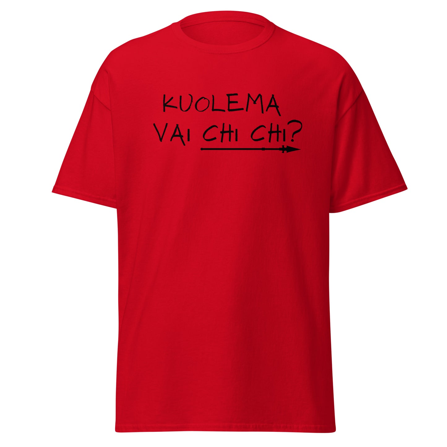Meemirotta miesten paita punaisella värillä ja mustalla tekstillä 'KUOLEMA VAI CHI CHI?'