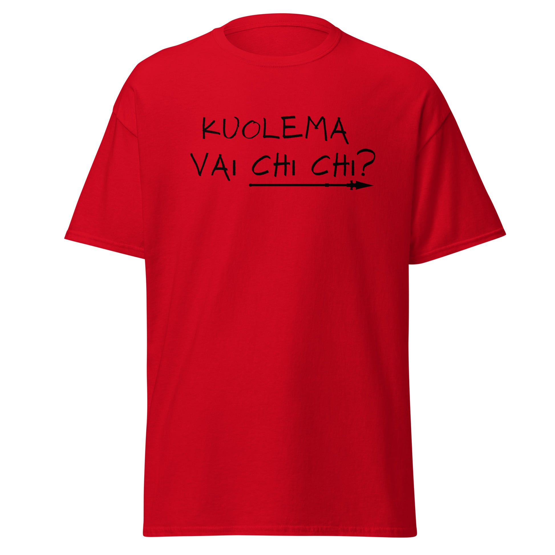 Meemirotta miesten paita punaisella värillä ja mustalla tekstillä 'KUOLEMA VAI CHI CHI?'