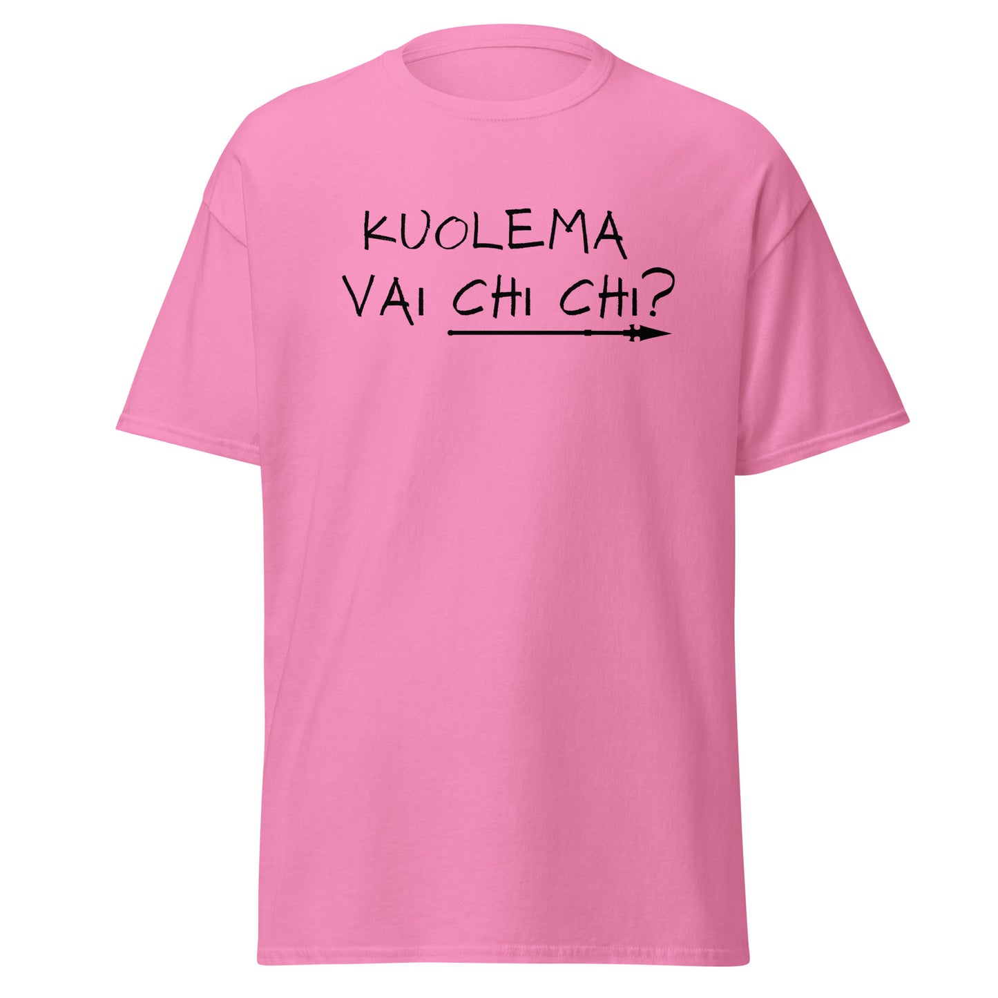 Vaaleanpunainen miesten paita, jossa on teksti 'KUOLEMA VAI CHI CHI?' edessä