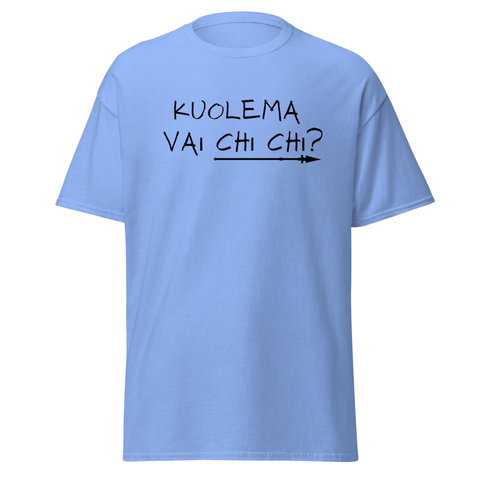 Meemirotta sininen miesten paita, jossa on teksti 'KUOLEMA VAI CHI CHI?'