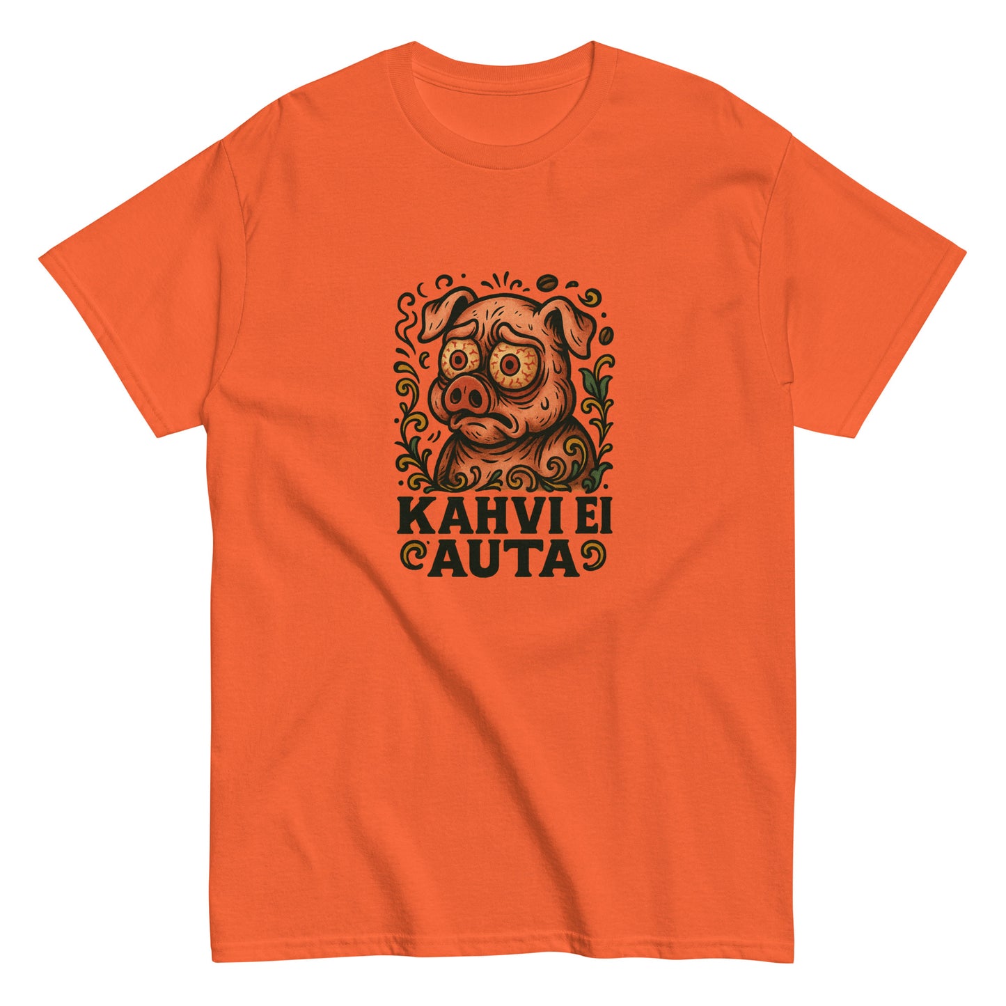 Oranssi Miesten t-paita, jossa on hauska sikakuva ja tekstit 'Kahvie Auta'.