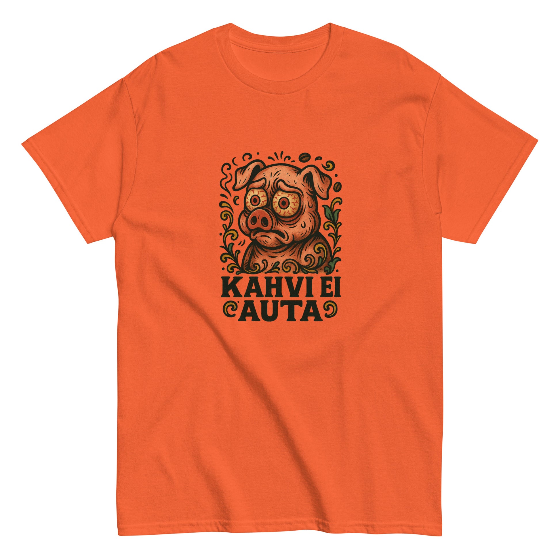 Oranssi Miesten t-paita, jossa on hauska sikakuva ja tekstit 'Kahvie Auta'.