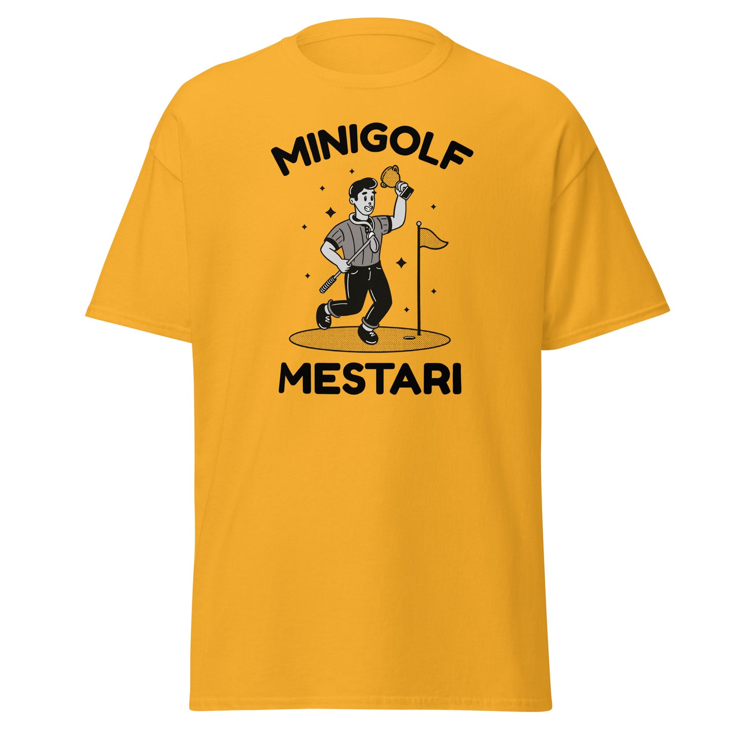 Keltainen Meemirotta T-paita Minigolf Mestari kuvalla, hyvä lahjaidea golfin ystäville.