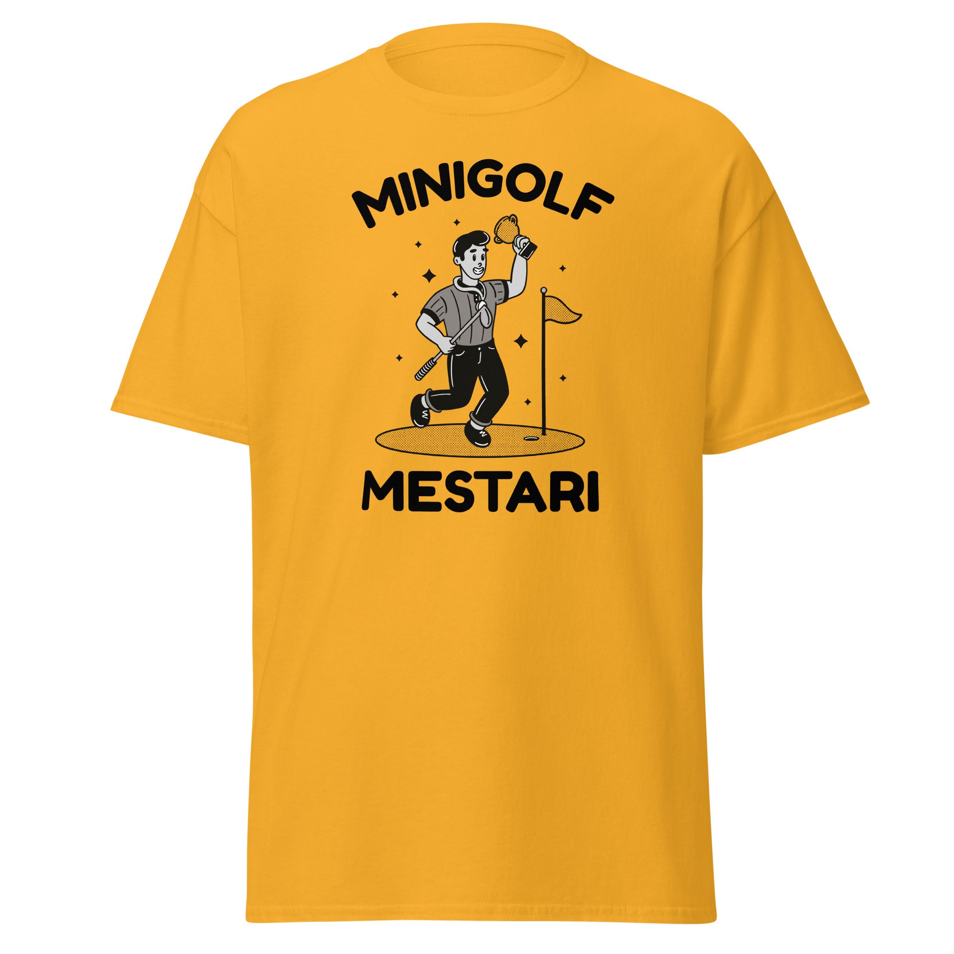 Keltainen Meemirotta T-paita Minigolf Mestari kuvalla, hyvä lahjaidea golfin ystäville.