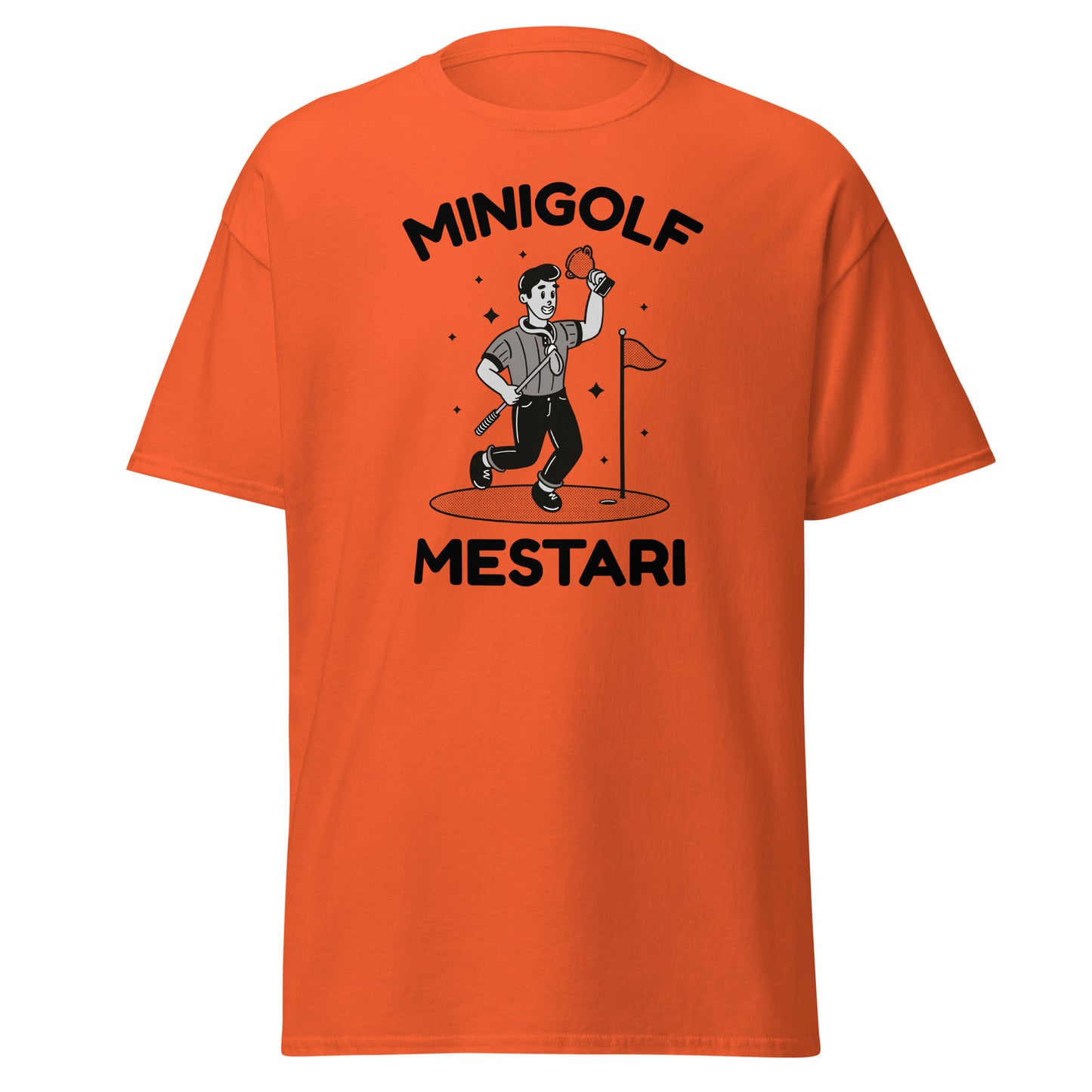 Oranssi Meemirotta T-paita kuvalla ja tekstillä Minigolf Mestari, hyvä lahjaidea aktiivisille ystäville
