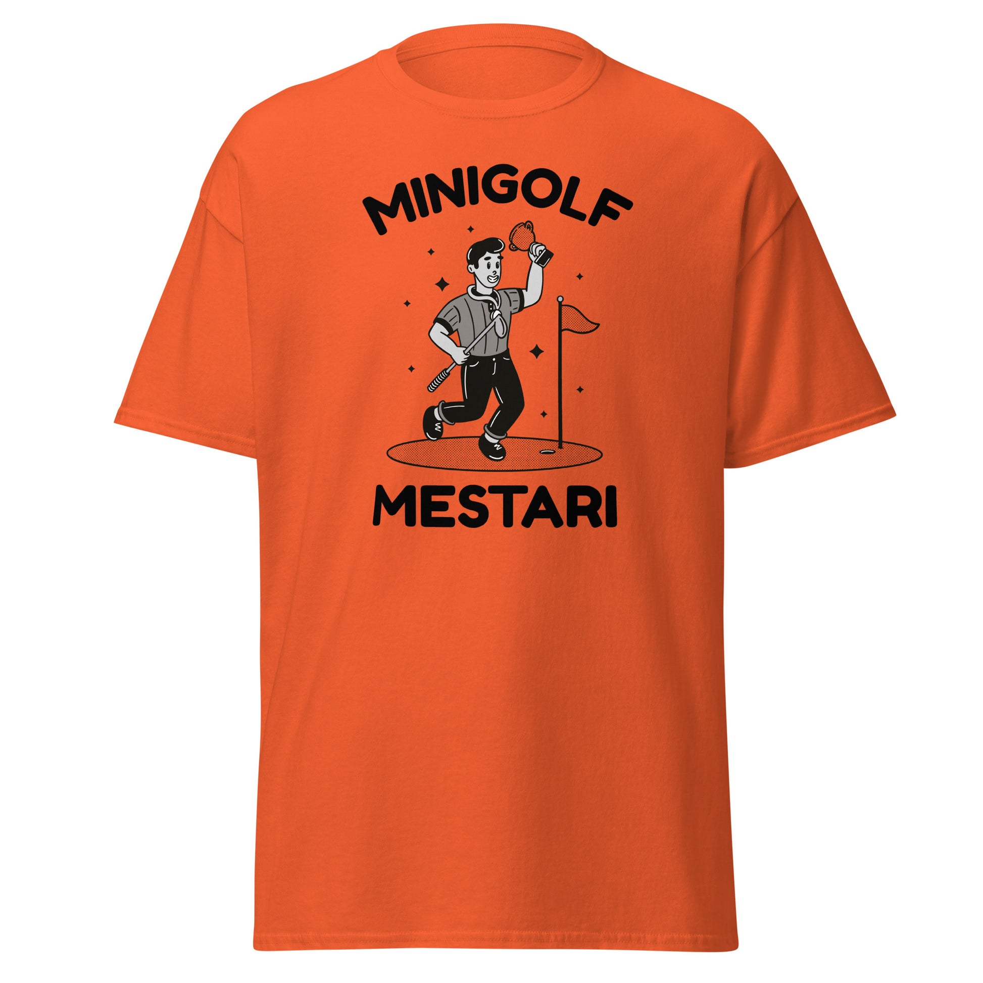 Oranssi Meemirotta T-paita kuvalla ja tekstillä Minigolf Mestari, hyvä lahjaidea aktiivisille ystäville
