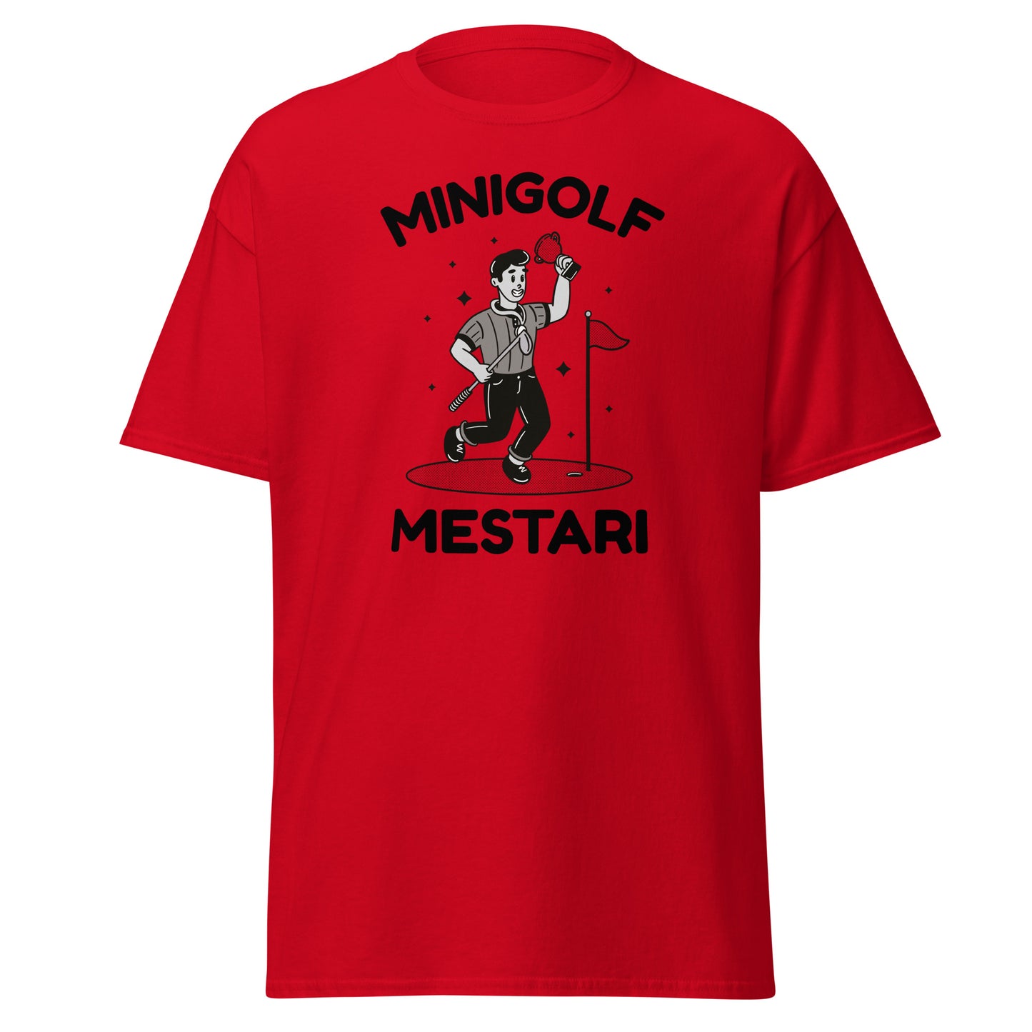 Punaista Meemirotta T-Paitaa, jossa on teksti Minigolf Mestari - hyvä lahjaidea golf-faneille