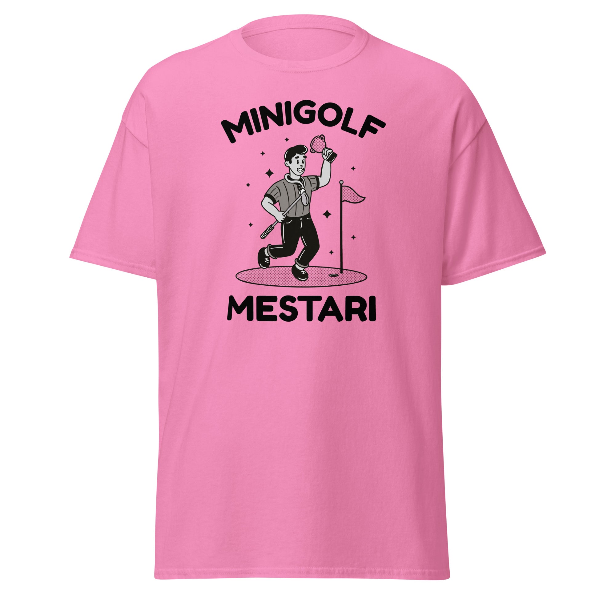 Vaaleanpunainen T-paita Meemirotta Minigolf Mestari -painatuksella, hyvä lahjaidea minigolf-faneille