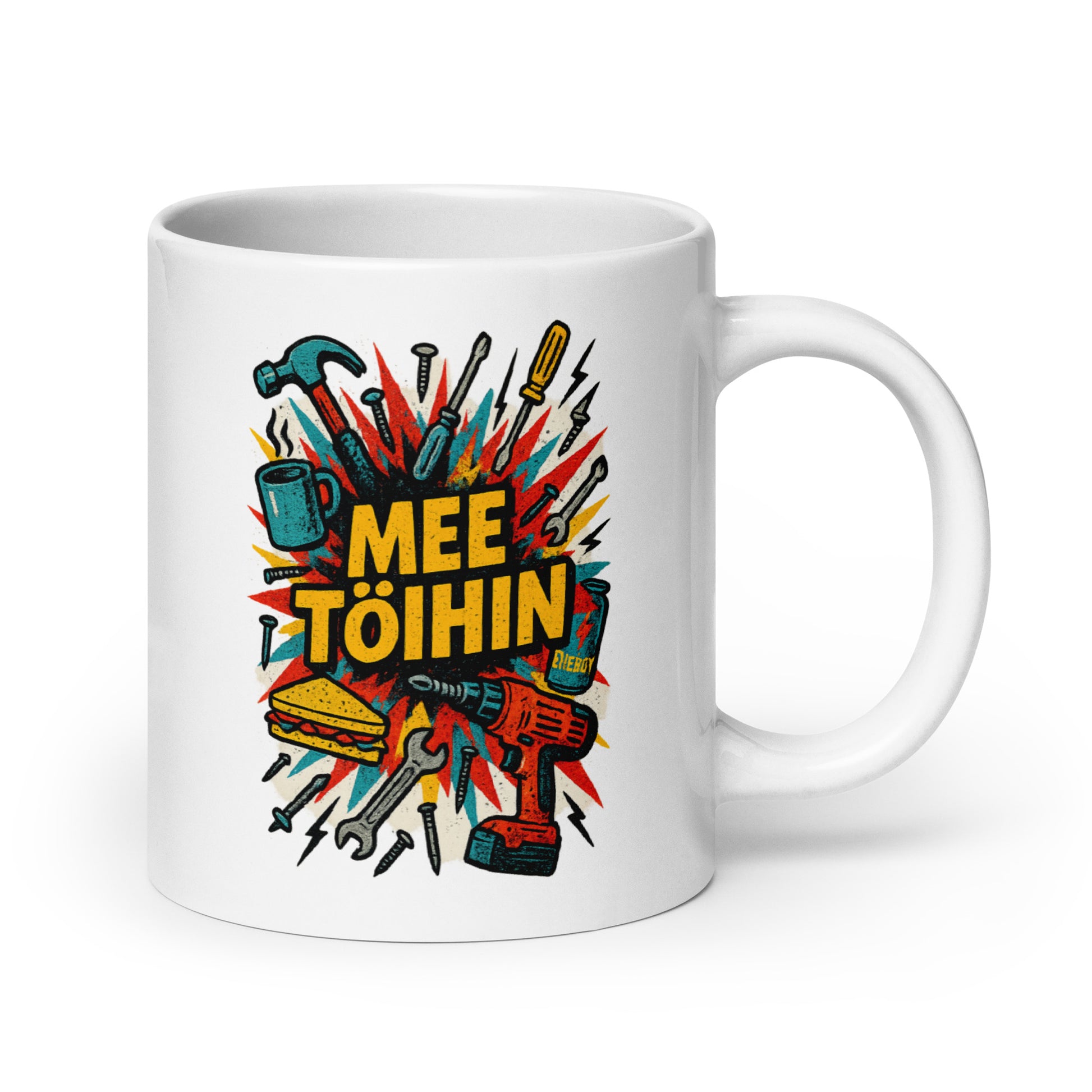 Meemirotan mee töihin muki värikkäällä työkaluteemalla ja energisellä graafisella suunnittelulla