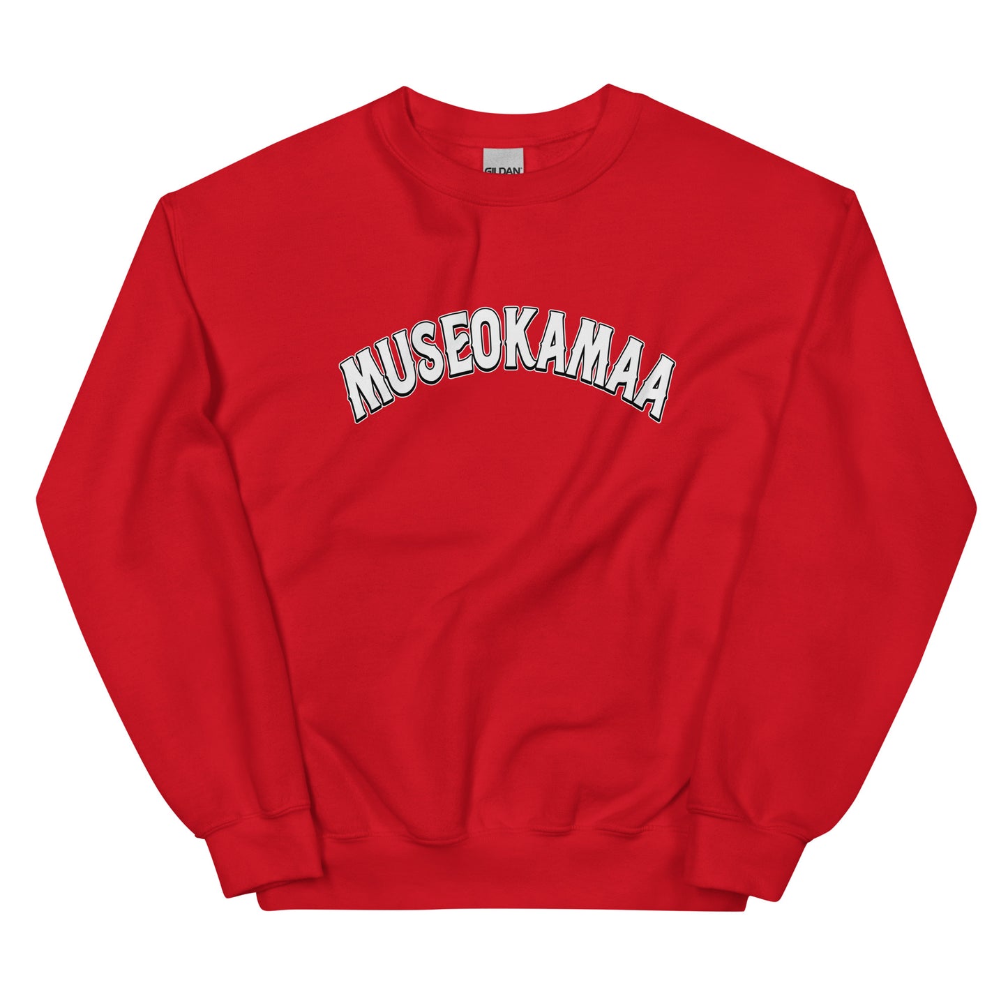 Punainen college-paita MUSEOKAMAA-tulostuksella mukavaa käyttöä varten