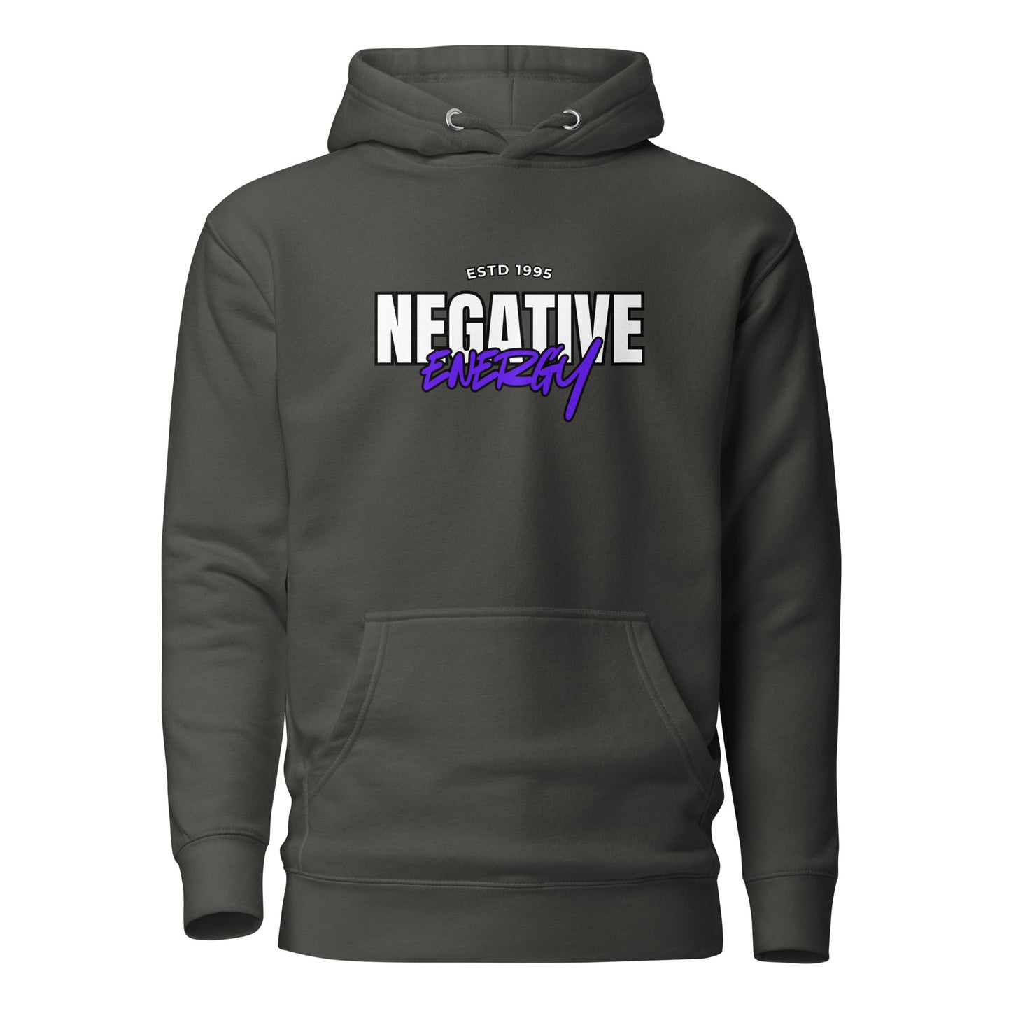 Meemirotta negatiivinen energia huppari harmaana, suunnittelussa suuri NEGATIVE ENERGY -teksti