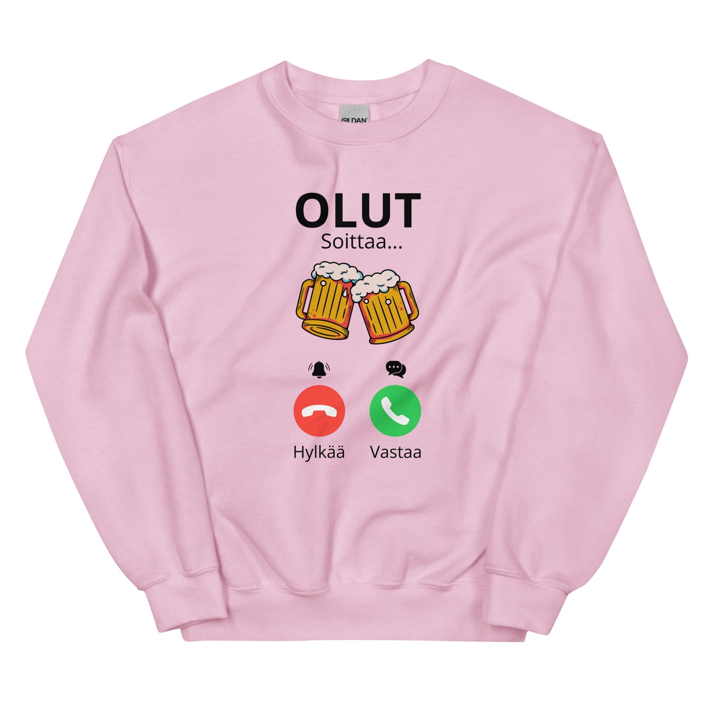 Vaaleanpunainen olutaiheinen collegepaita, jossa olutlasit ja puhelinsoiton teksti