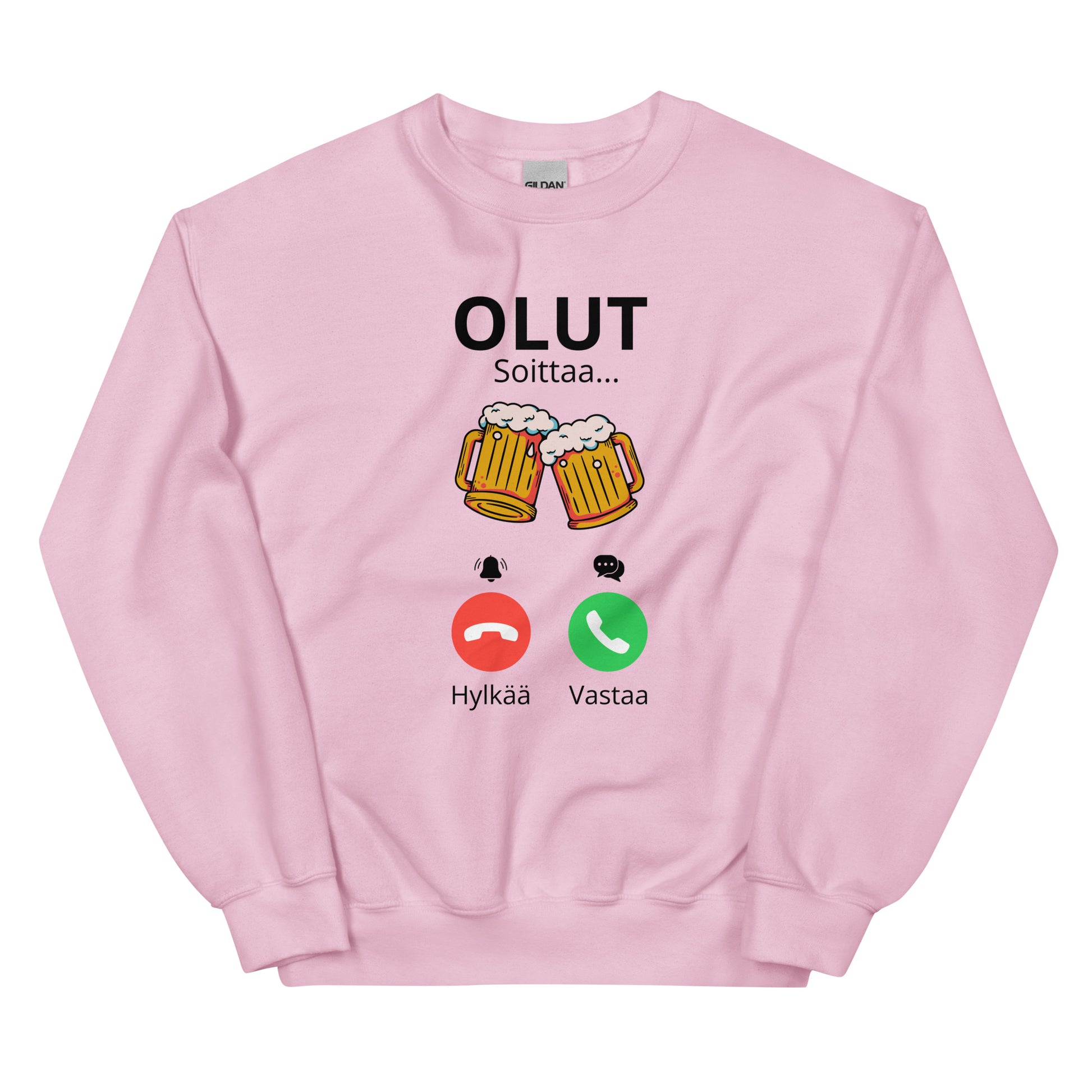 Vaaleanpunainen olutaiheinen collegepaita, jossa olutlasit ja puhelinsoiton teksti