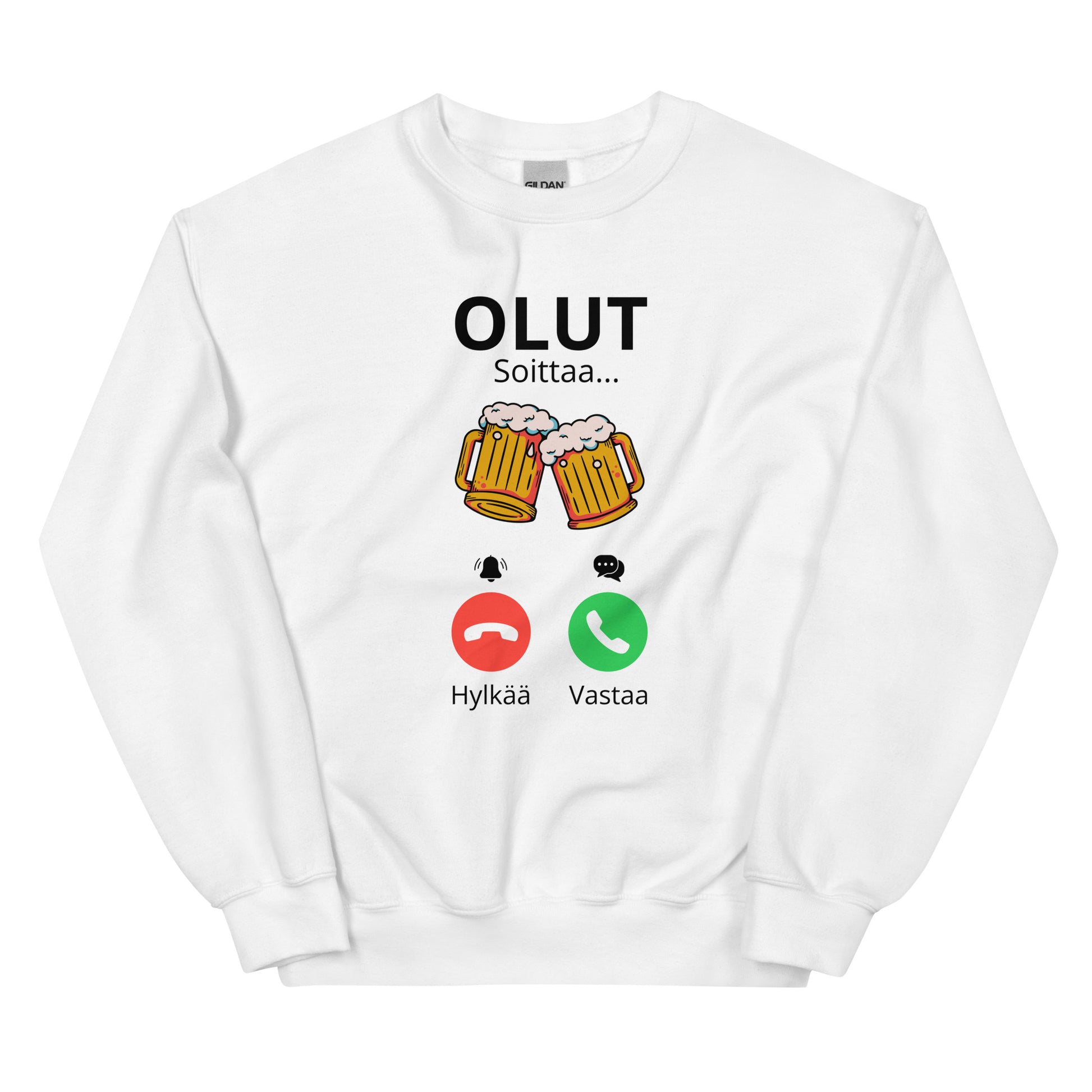 Valkoinen olutaiheinen collegepaita, jossa hauska teksti ja oluttölkit.