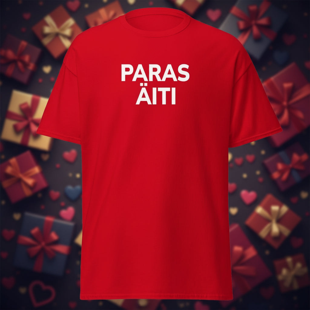 Punainen paras äiti t-paita isolla valkoisella tekstillä