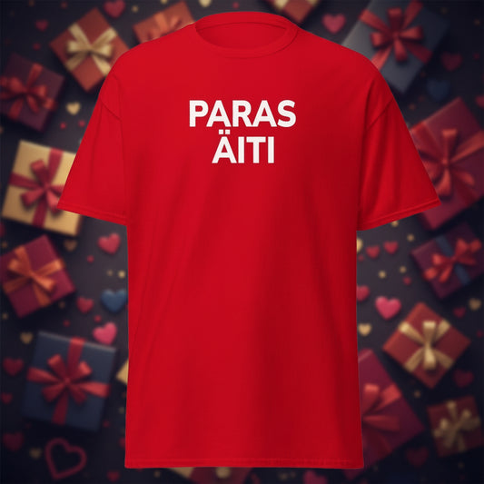 Punainen paras äiti t-paita isolla valkoisella tekstillä