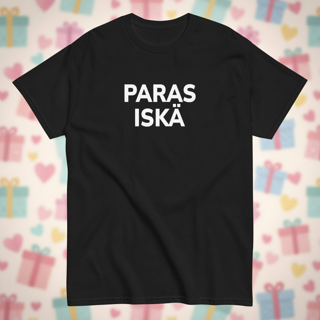 Meemirotan musta paras iskä t-paita, jossa valkoinen teksti on selkeästi näkyvissä