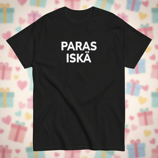 Meemirotan musta paras iskä t-paita, jossa valkoinen teksti on selkeästi näkyvissä