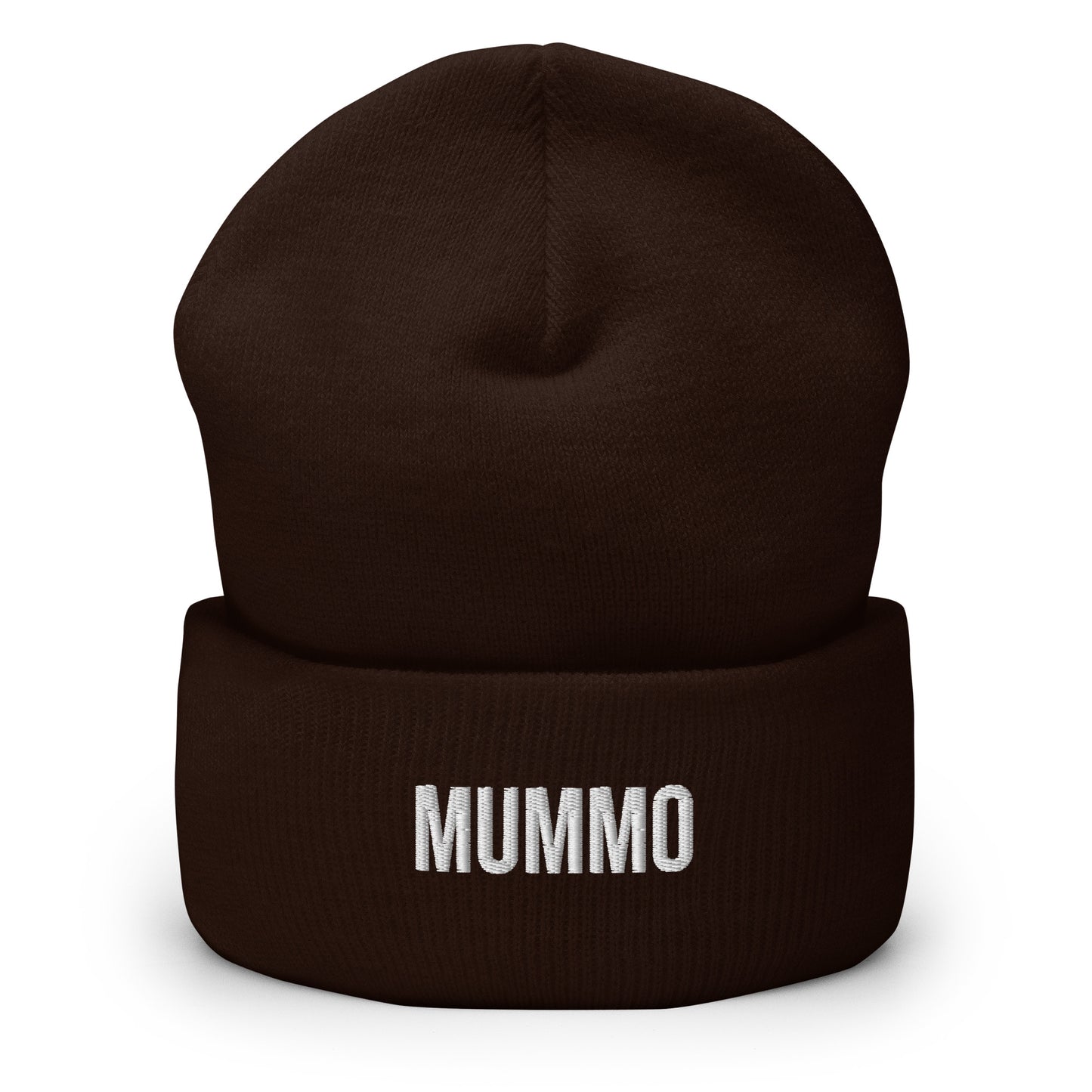 Tumma ruskea pipo lahjaksi, jossa valkoinen teksti 'MUMMO' edessä