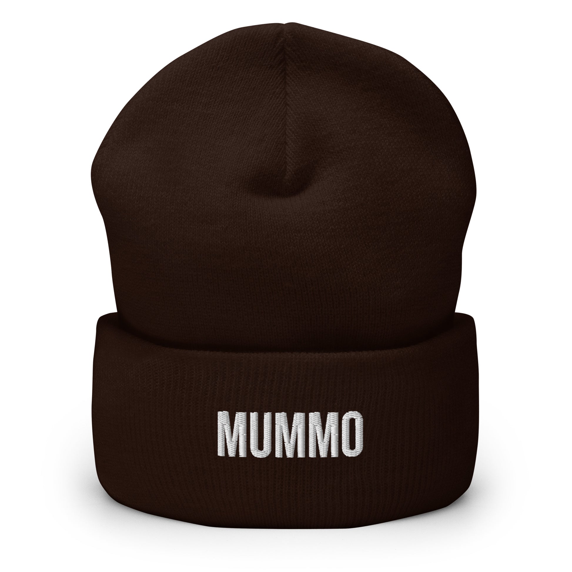 Tumma ruskea pipo lahjaksi, jossa valkoinen teksti 'MUMMO' edessä