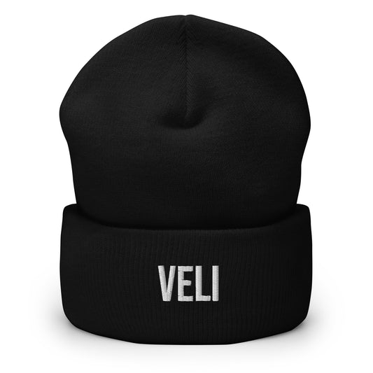 Musta pipo lahjaksi, jossa valkoinen VELI-teksti edessä