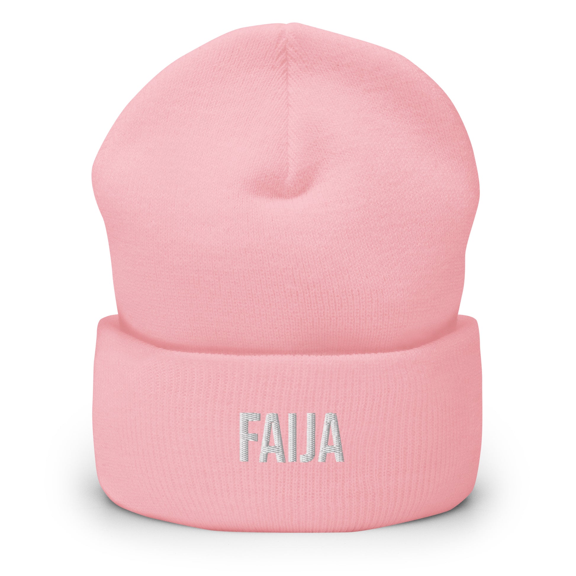 Vaaleanpunainen pipo lahjaksi, jossa brodeerattu teksti FAJA, tyylikäs ja mukava asuste