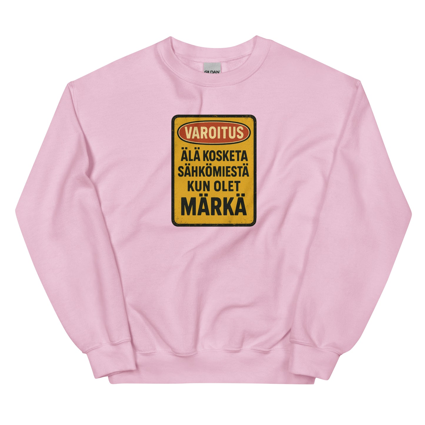 Vaaleanpunainen pitkähihainen paita, jossa varoitusmerkki sähköisistä riskeistä
