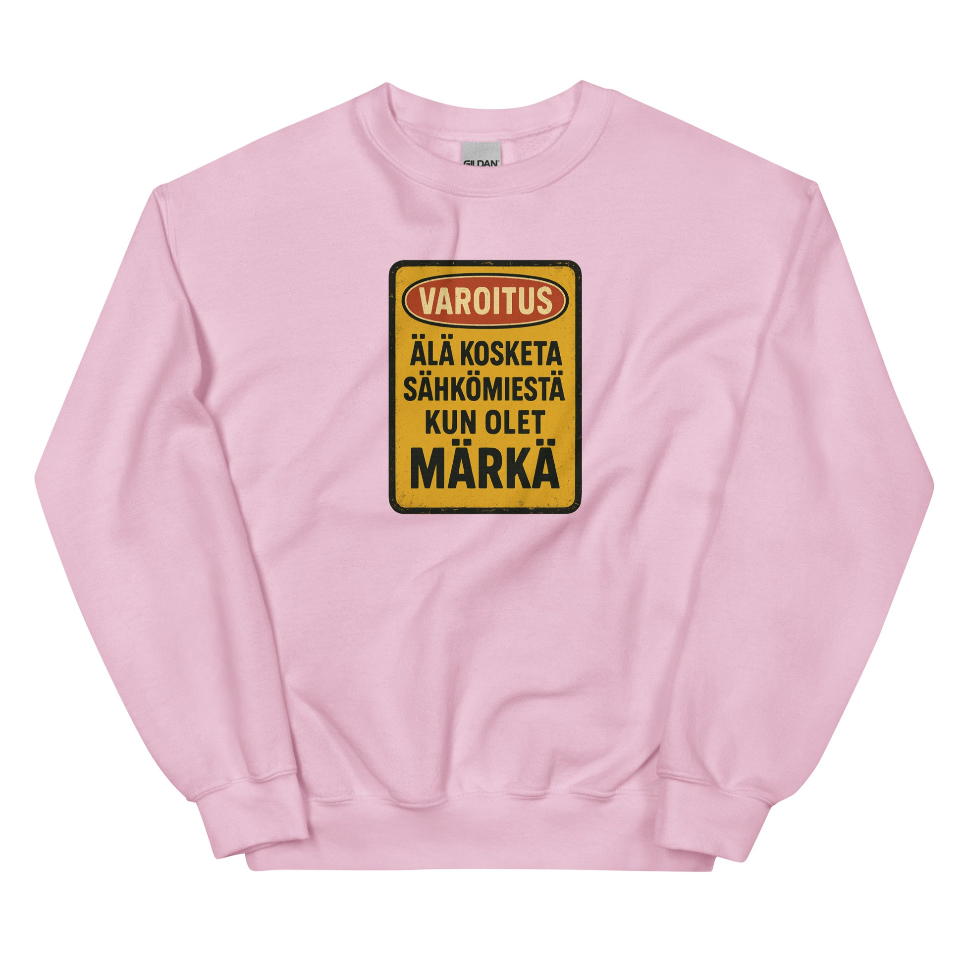 Vaaleanpunainen pitkähihainen paita, jossa varoitusmerkki sähköisistä riskeistä
