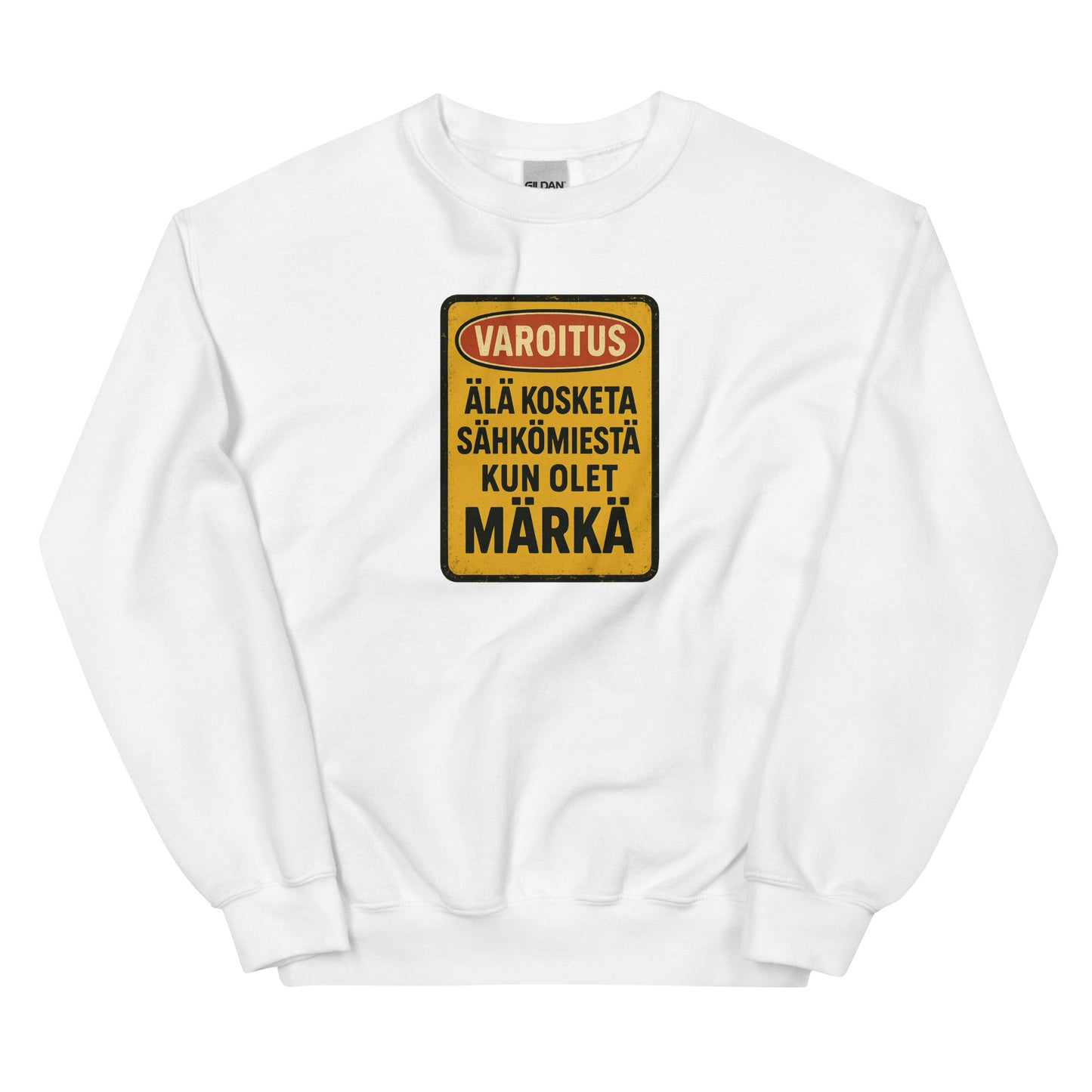 Meemirotta pitkähihainen paita varoitusmerkki sähkölaitteista valkoisena