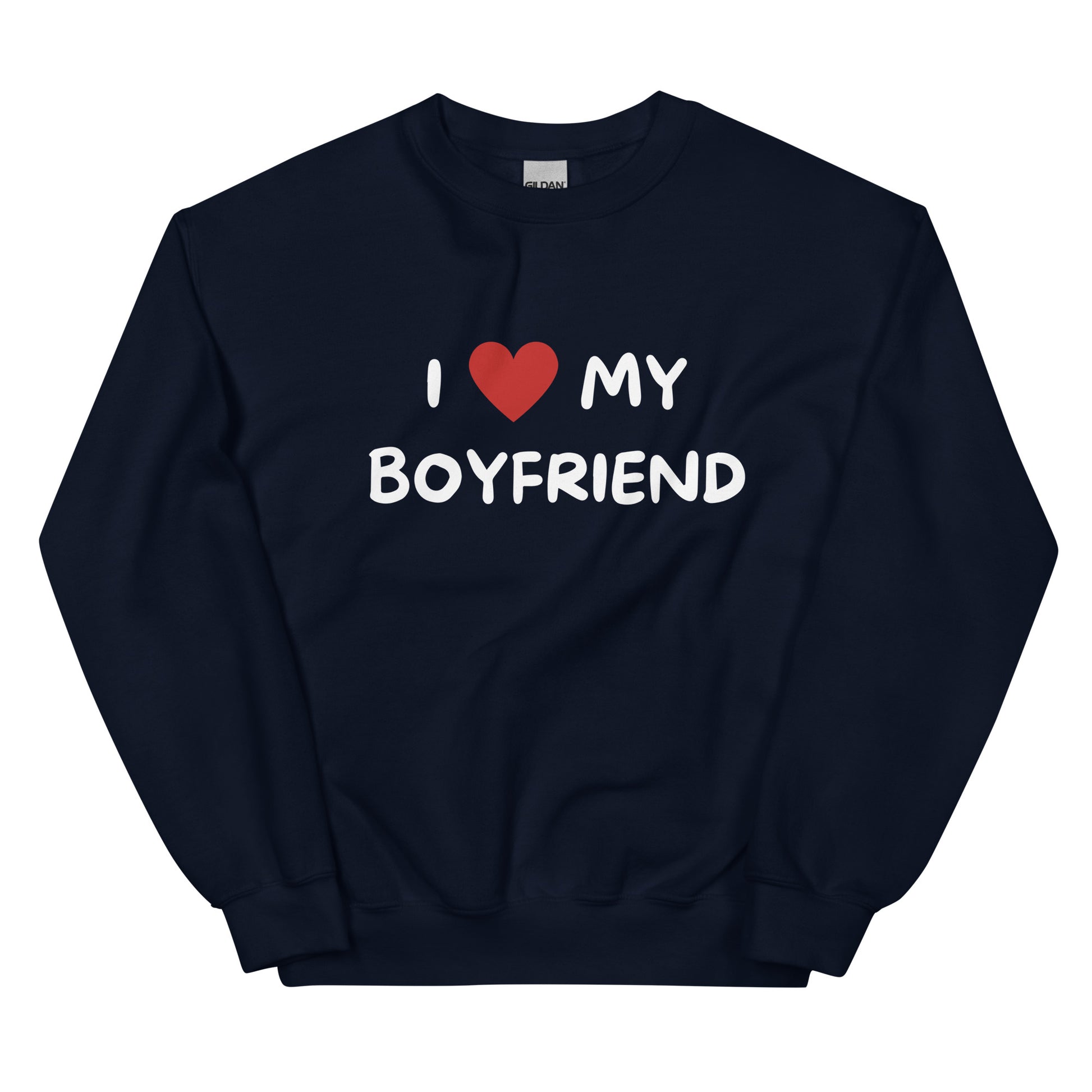 Meemirotta pitkähihainen collegepaita, jossa teksti I love my boyfriend vaalealla fontilla