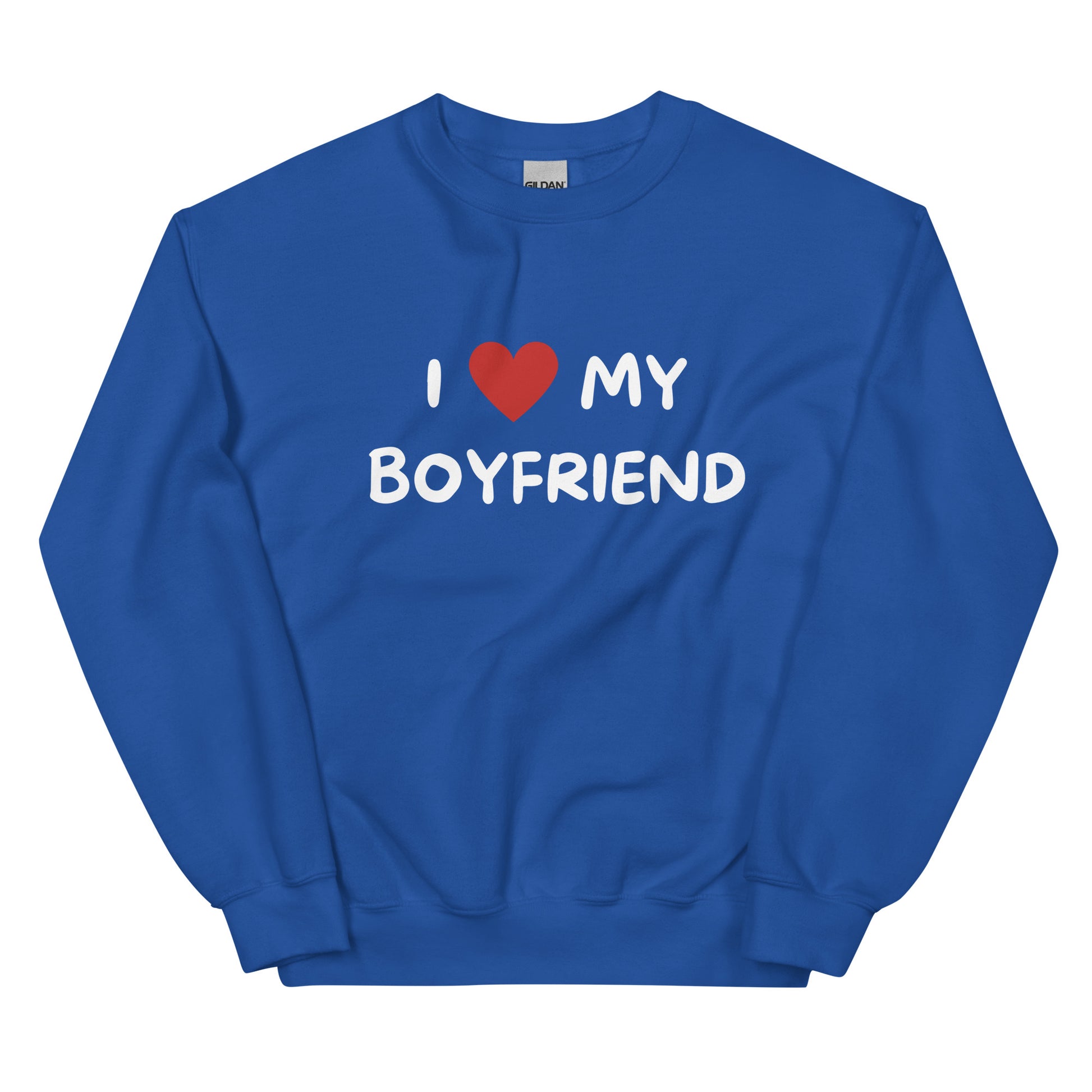 Meemirotta sininen pitkähihainen paita, jossa teksti I love my boyfriend edessä