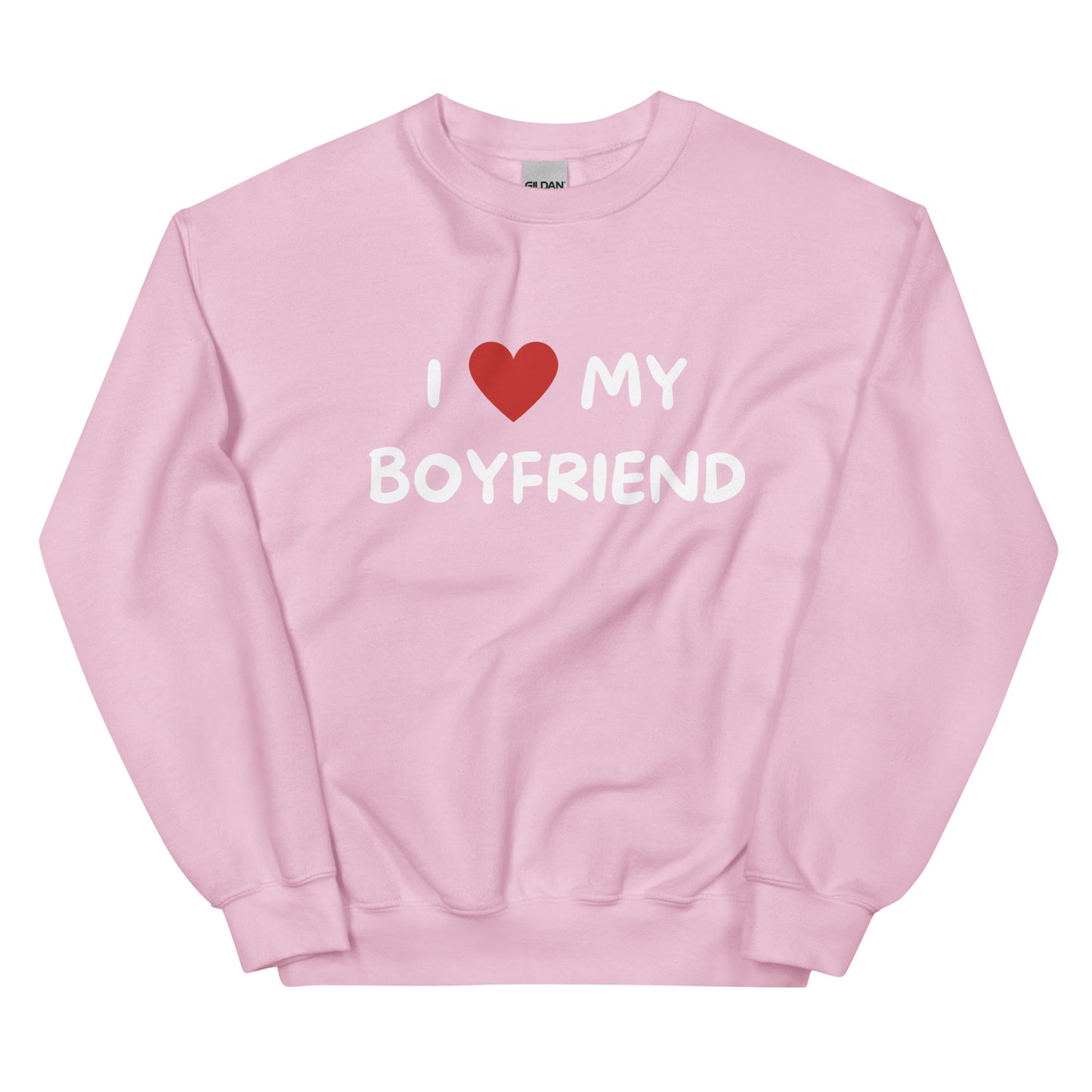 Vaaleanpunainen pitkähihainen collegepaita, jossa lukee I love my boyfriend valkoisella tekstillä