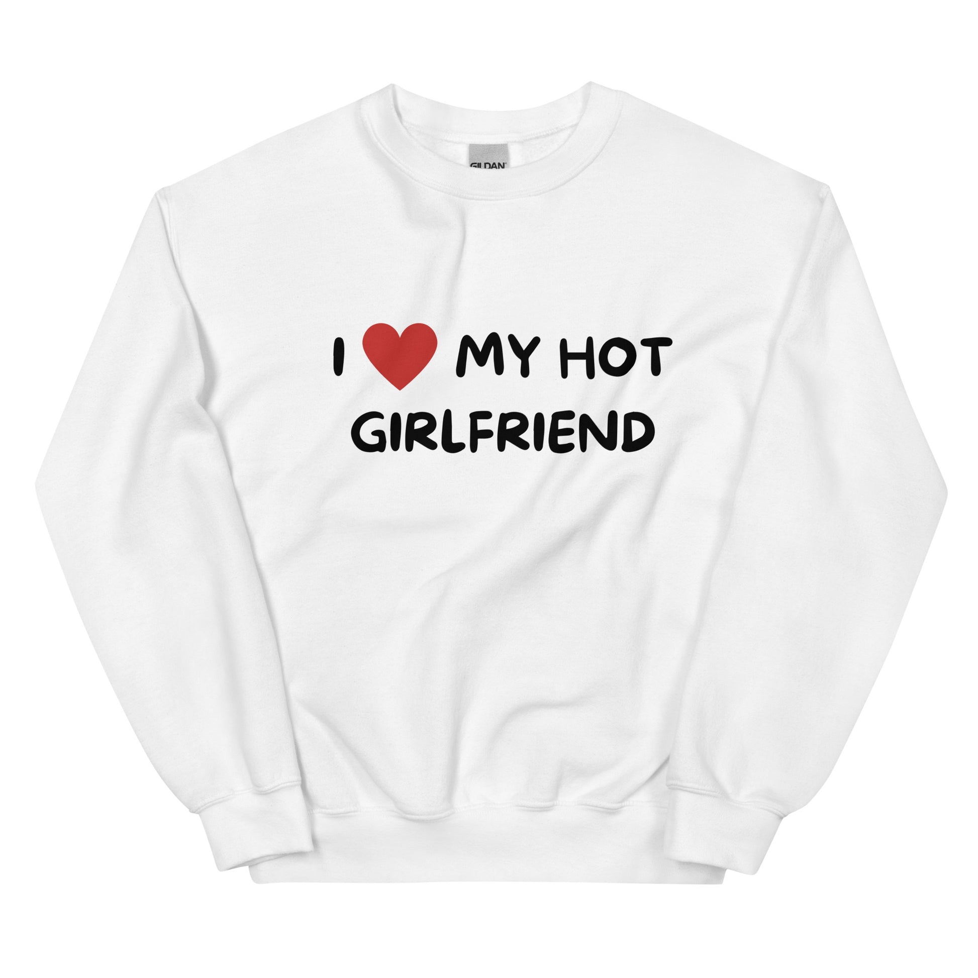 Valkoinen pitkähihainen paita 'I love my hot girlfriend' tekstillä mukavilla leikkauksilla