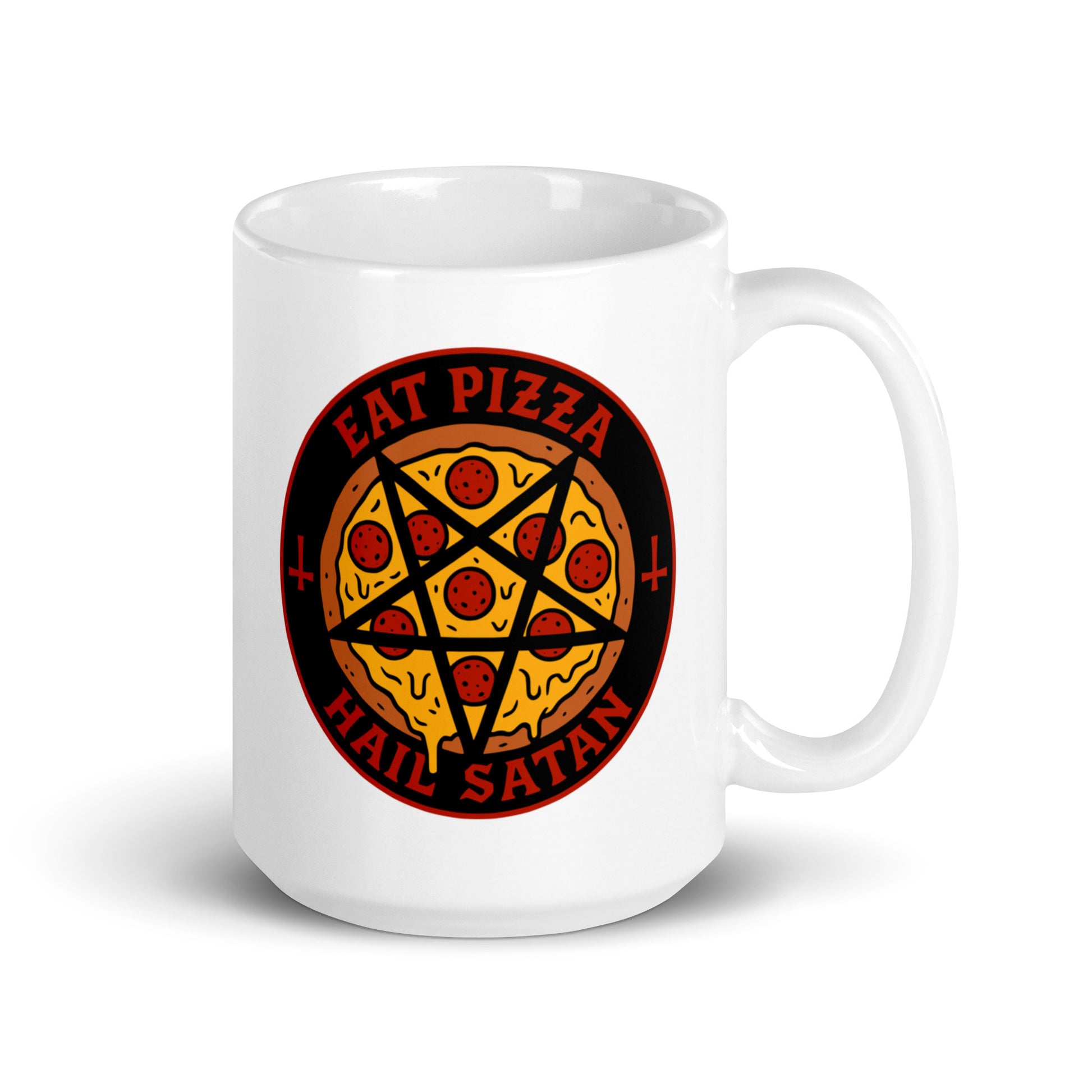 Mukki pizzamuki hauska, jossa on värikäs pizza ja satiirinen teksti Eat Pizza Hail Satan