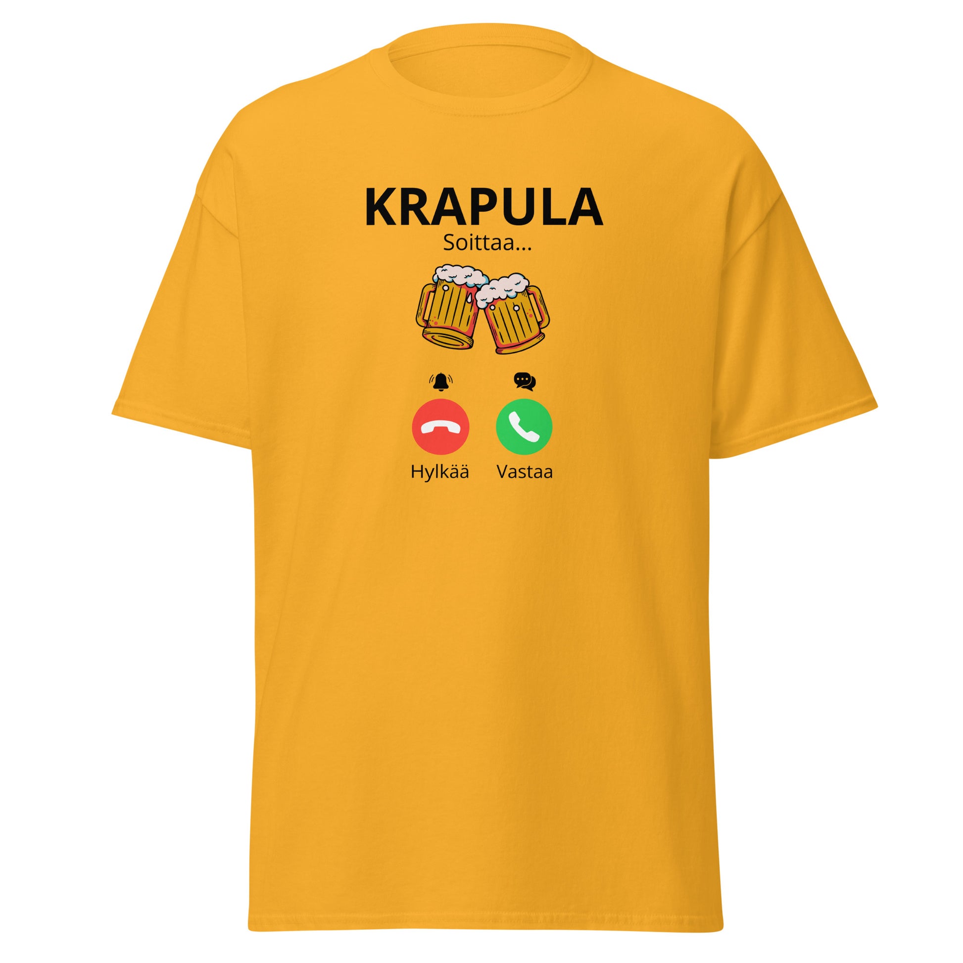 Keltainen printtipaita, jossa teksti Krapula ja puhelinsymbolit soittamiseen liittyen