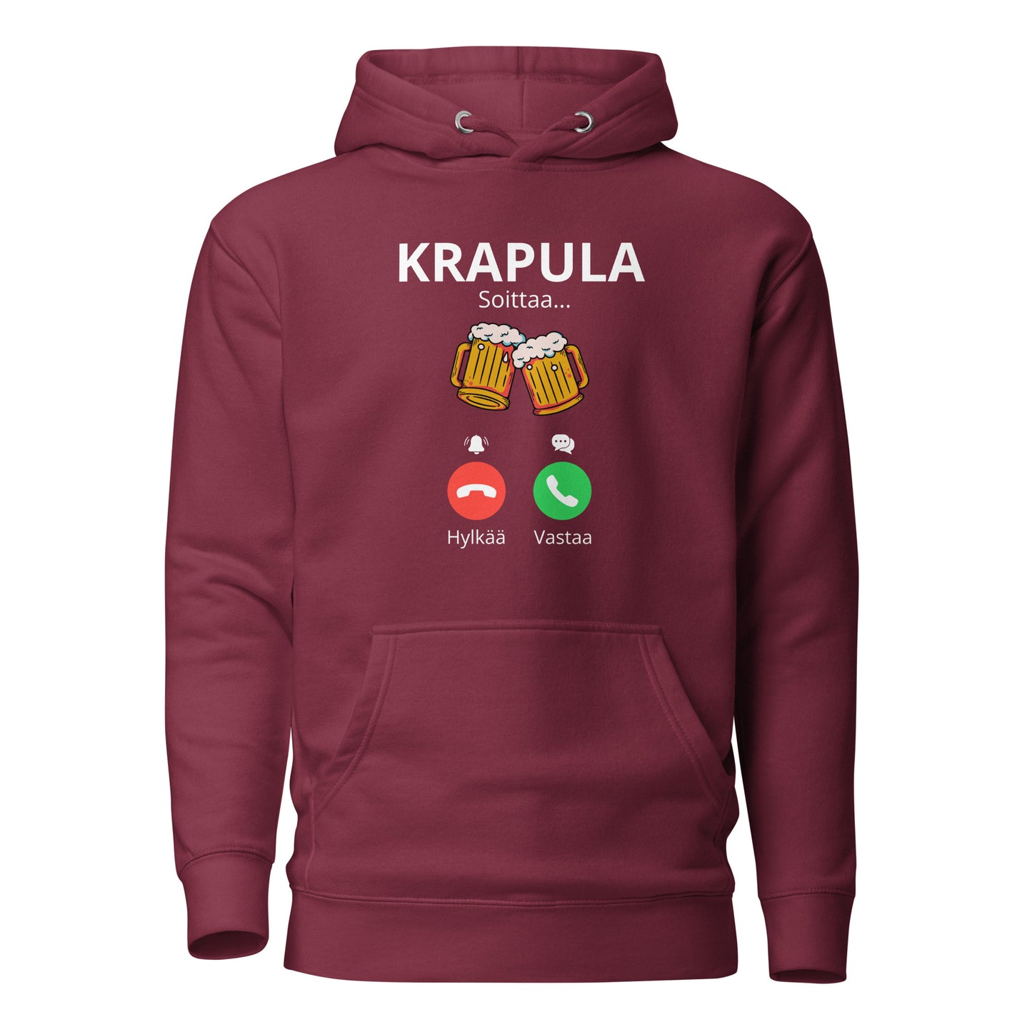 Punainen printtipaita, jossa hauska krapula-aiheinen grafiikka ja olutlasit