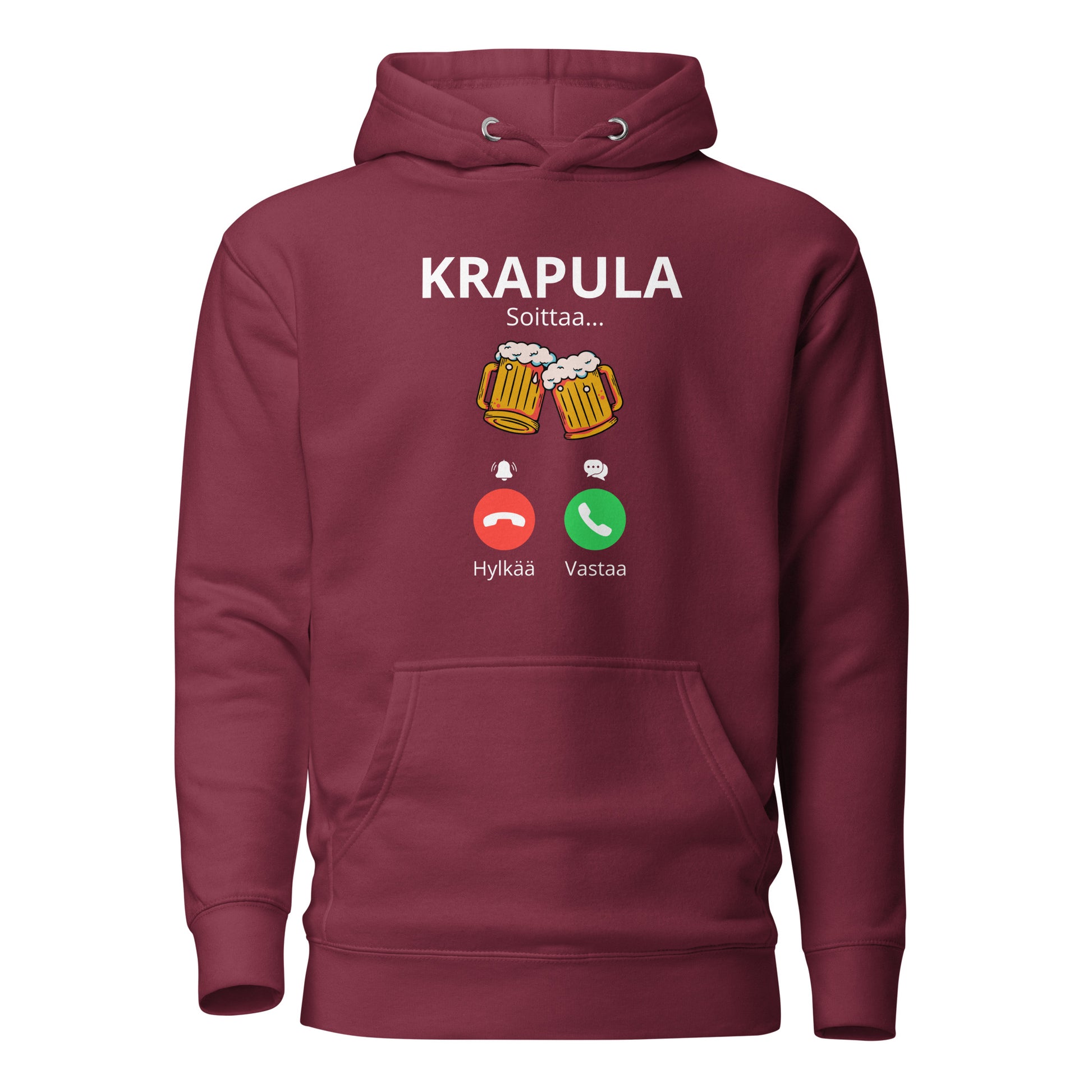 Punainen printtipaita, jossa hauska krapula-aiheinen grafiikka ja olutlasit
