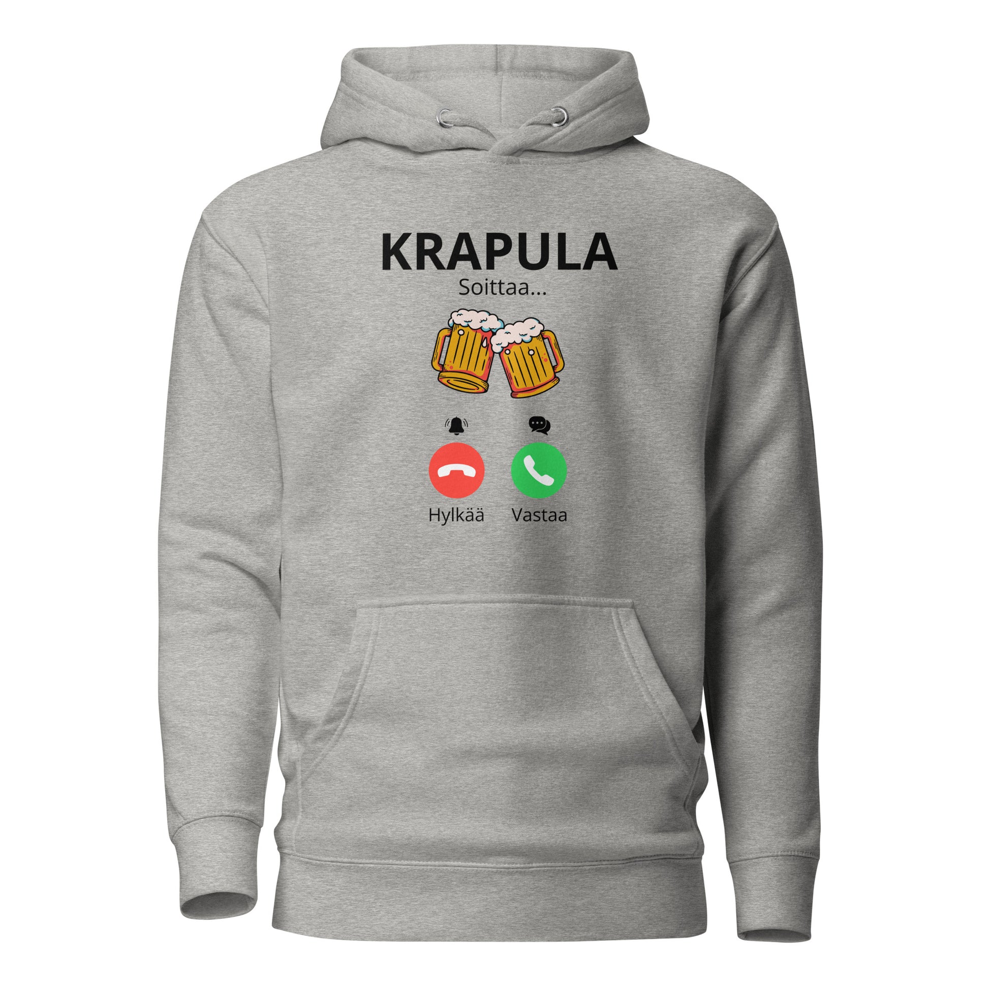 Harmaa printtipaita, jossa on hauska krapula-aiheinen teksti ja olutlasit