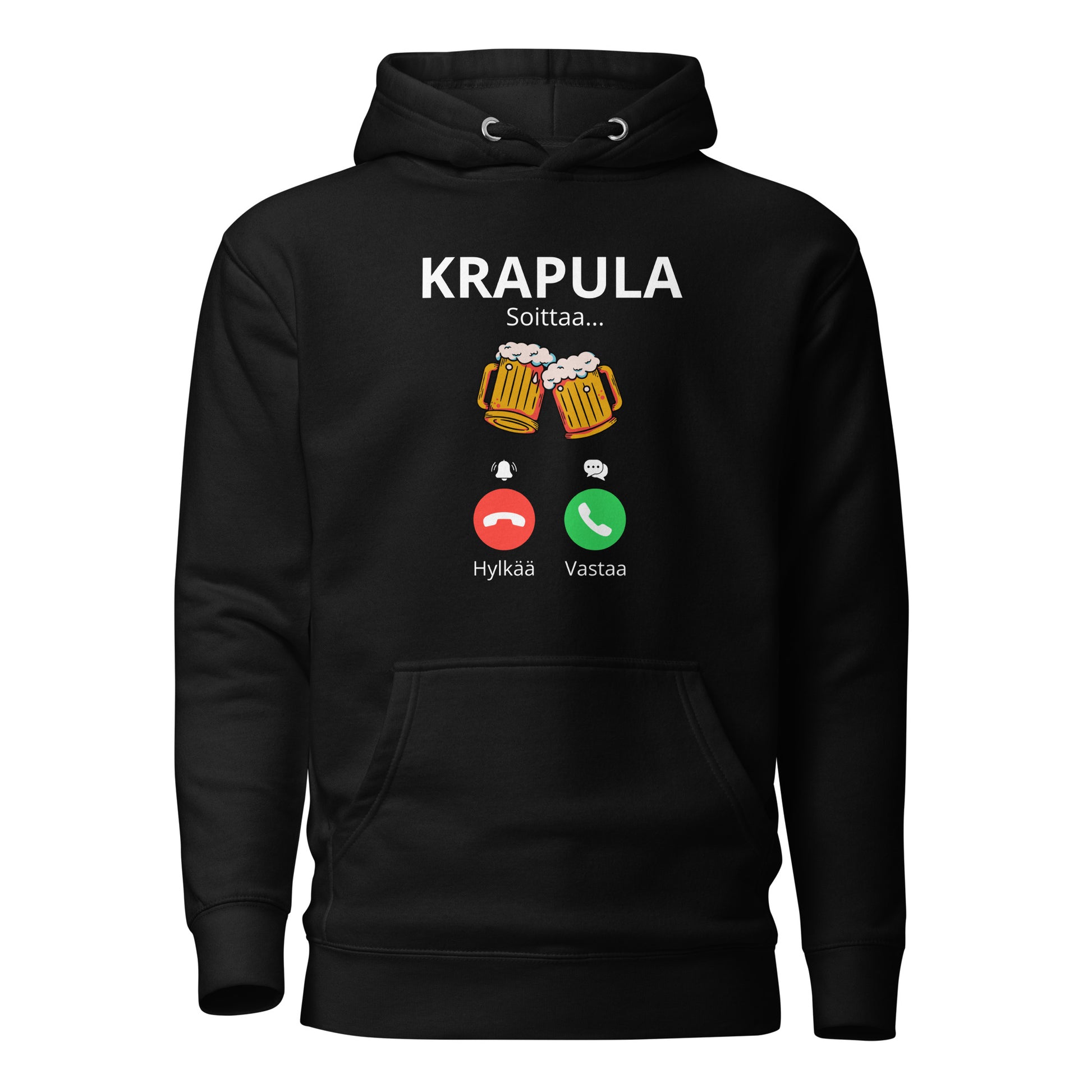 Mustapohjainen huppari, jossa on printtipaita aiheesta krapula ja puhelinvastauskuvakkeet